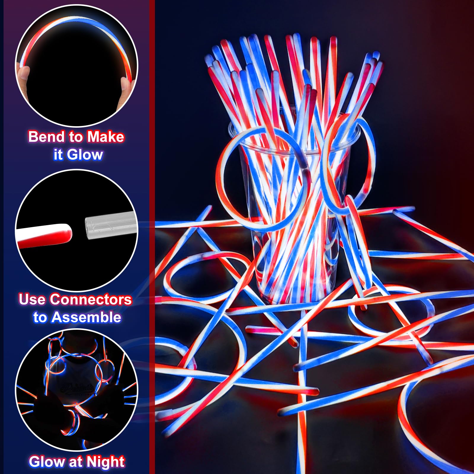 100 PCS 250th Anniversary 4th of July Glow Sticks Bulk with Connectors,Red White Blue 3 Colors In 1 Glow in The Dark Stick, Light Up Bracelets & Necklaces for Kids & Adults Party Favor Supplies - Image 3