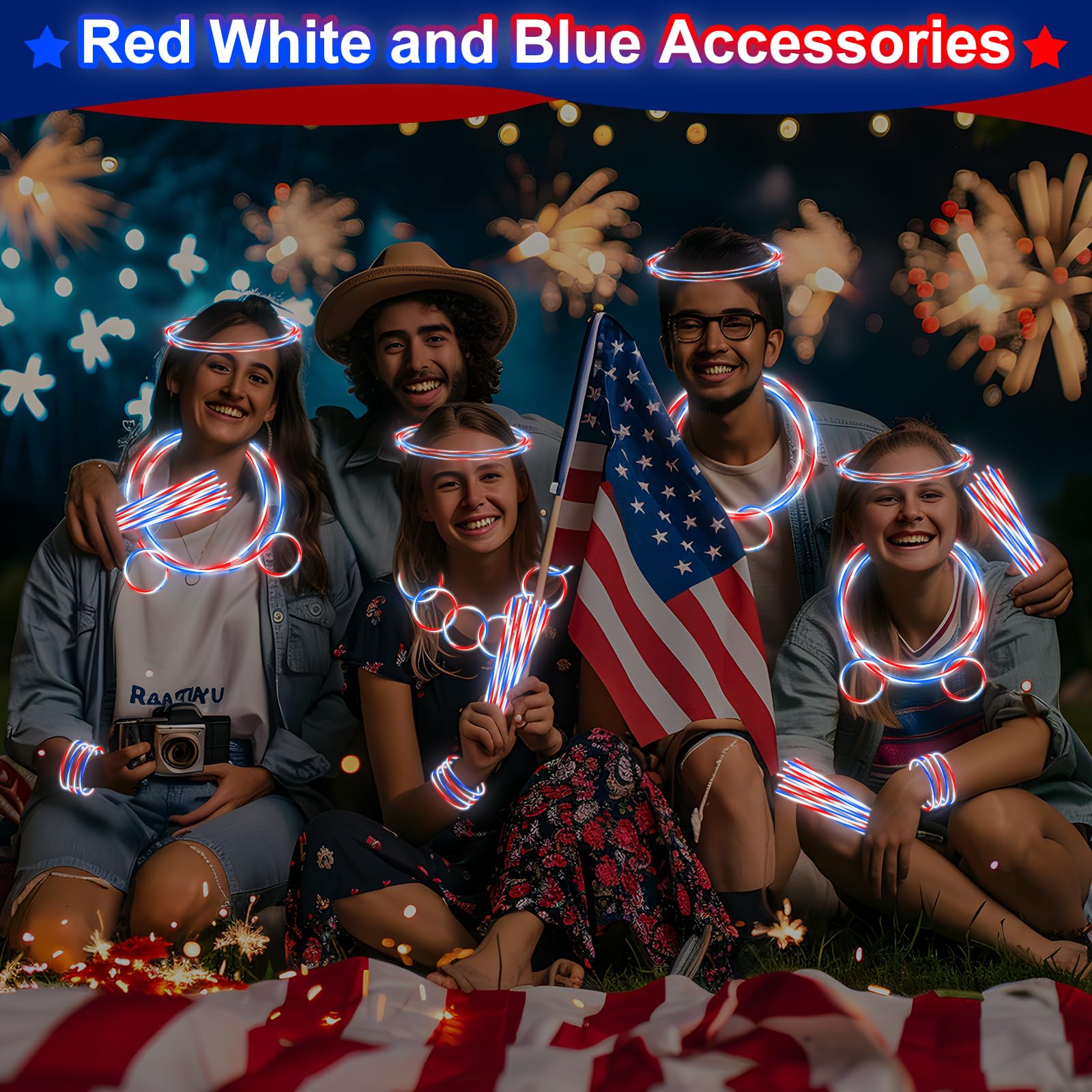 100 PCS 250th Anniversary 4th of July Glow Sticks Bulk with Connectors,Red White Blue 3 Colors In 1 Glow in The Dark Stick, Light Up Bracelets & Necklaces for Kids & Adults Party Favor Supplies - Image 4