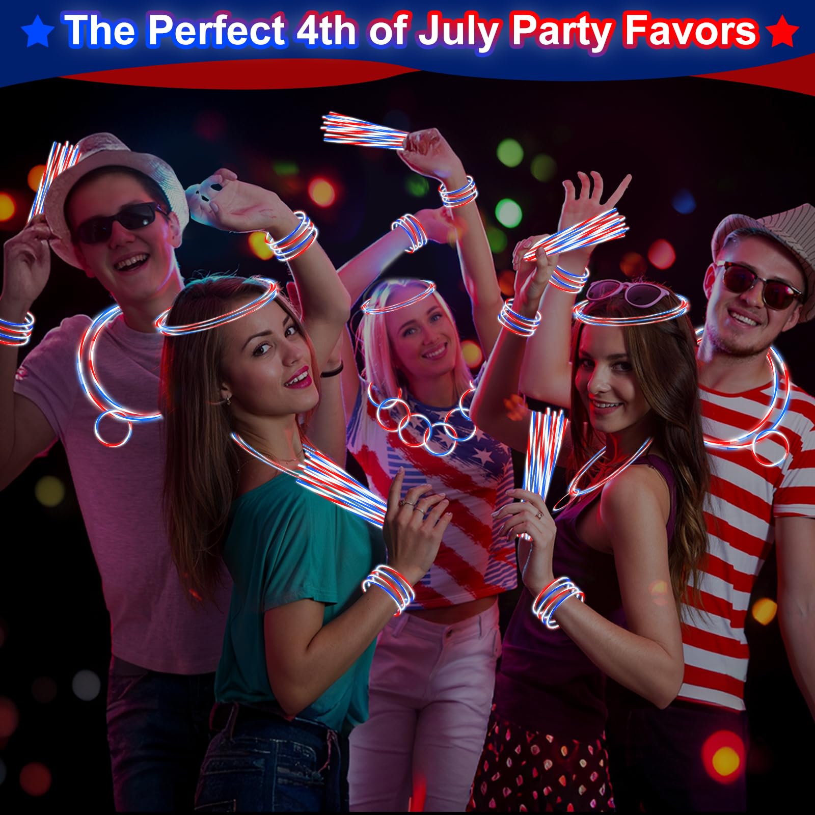 100 PCS 250th Anniversary 4th of July Glow Sticks Bulk with Connectors,Red White Blue 3 Colors In 1 Glow in The Dark Stick, Light Up Bracelets & Necklaces for Kids & Adults Party Favor Supplies - Image 5