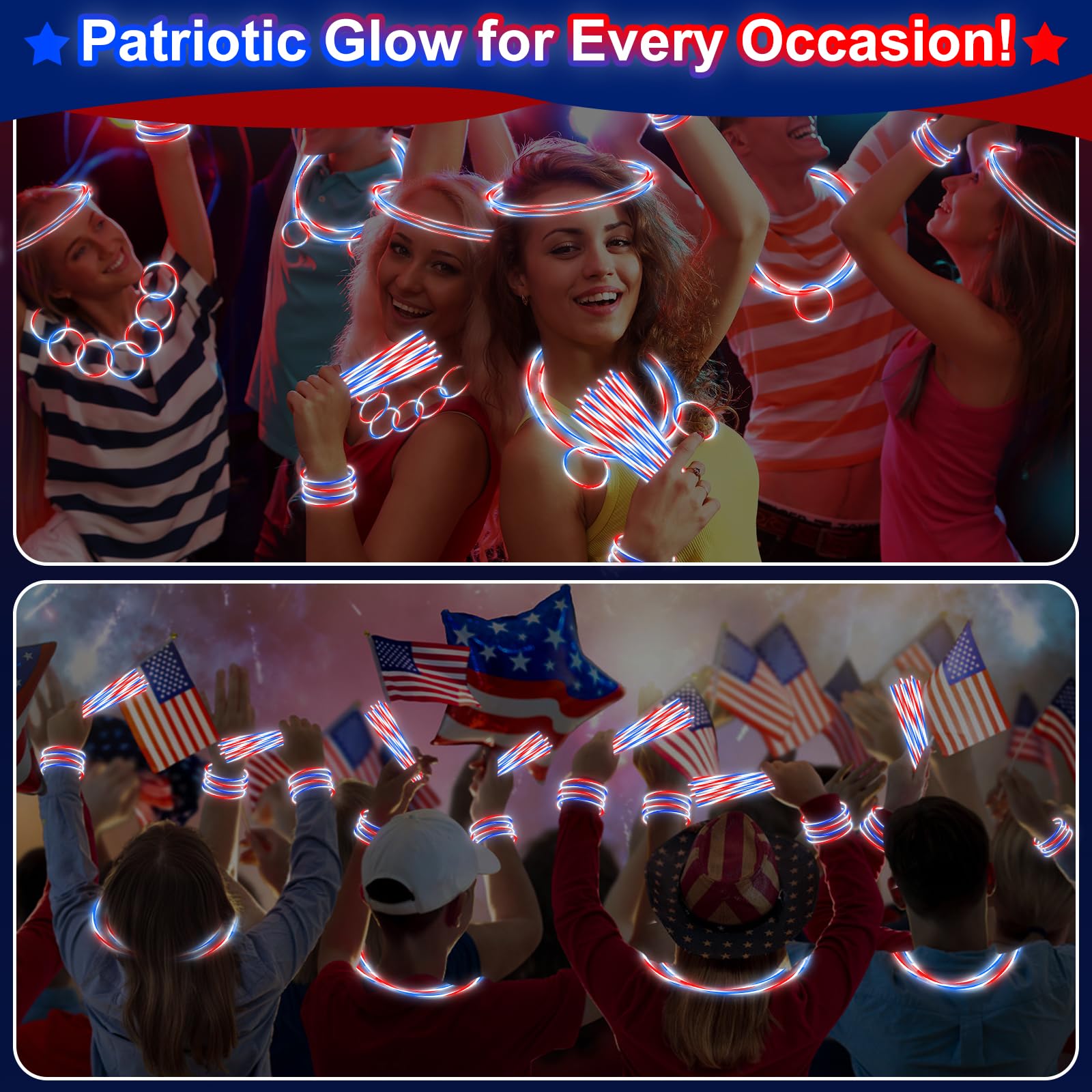 100 PCS 250th Anniversary 4th of July Glow Sticks Bulk with Connectors,Red White Blue 3 Colors In 1 Glow in The Dark Stick, Light Up Bracelets & Necklaces for Kids & Adults Party Favor Supplies - Image 6