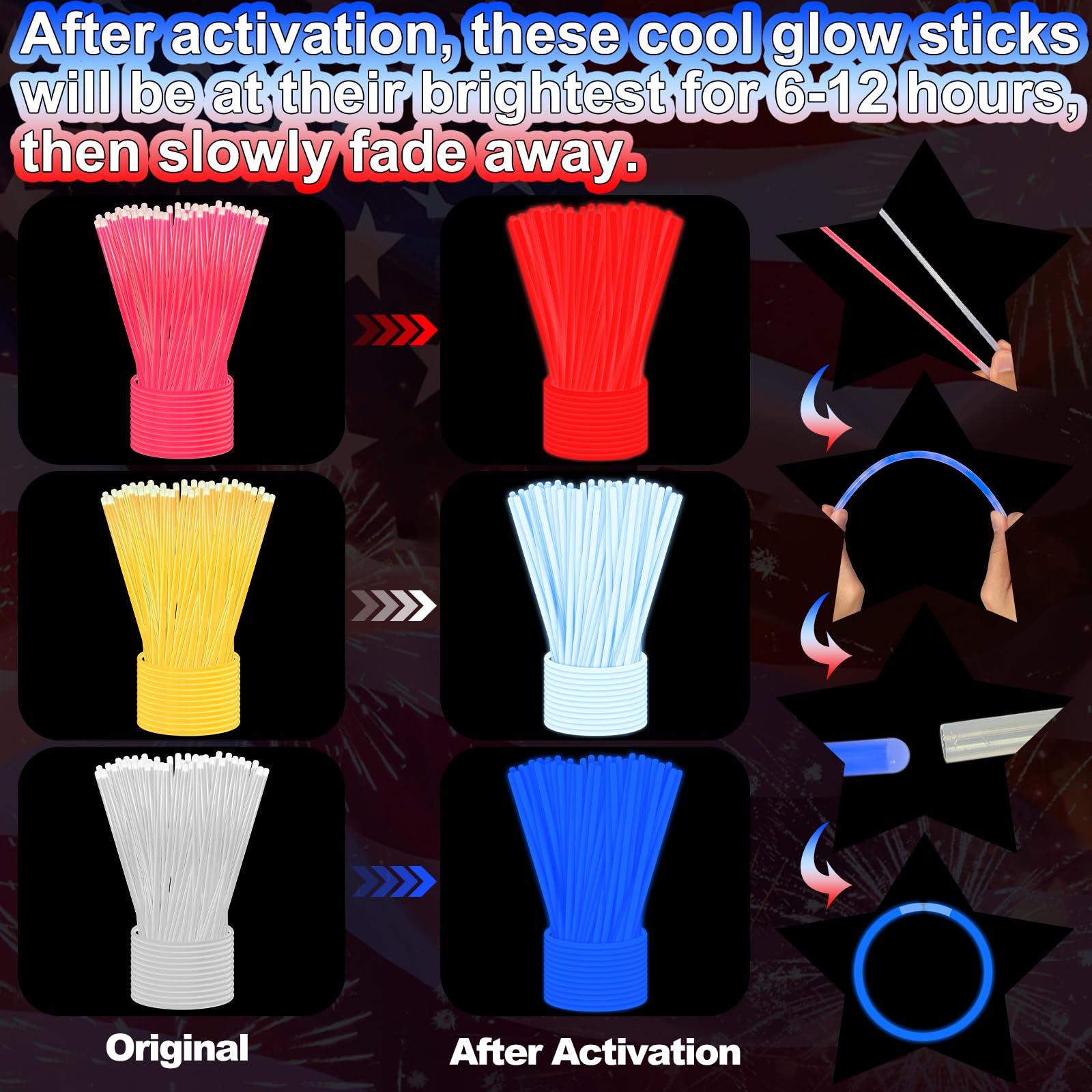 100 PCS 4th of July Glow Sticks Bulk with Connectors, Patriotic Red White Blue Glow in The Dark Stick, Light Up Bracelets Nacklaces for Kids Adults, 250th Anniversary USA Party Favor LED Accessories - Image 3