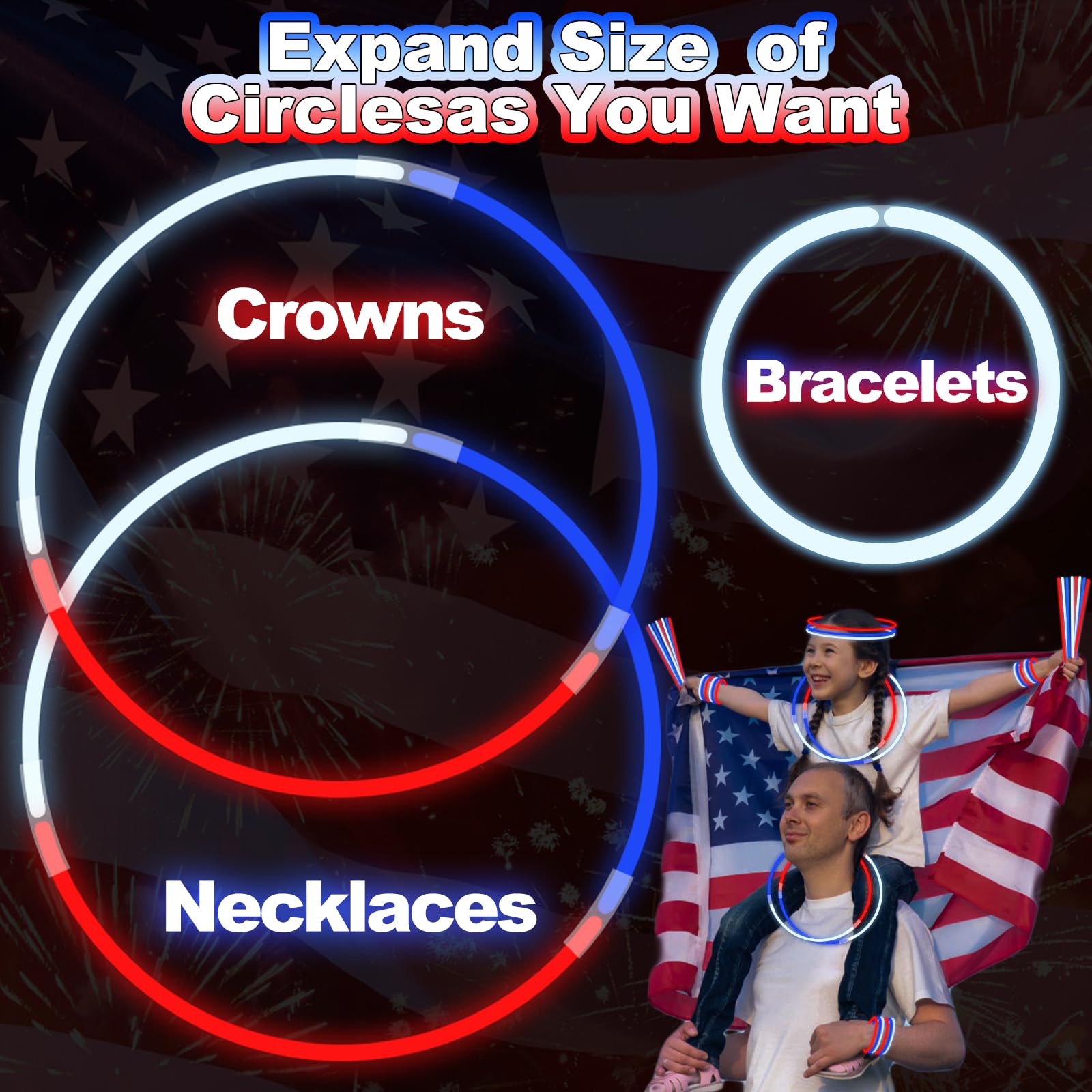 100 PCS 4th of July Glow Sticks Bulk with Connectors, Patriotic Red White Blue Glow in The Dark Stick, Light Up Bracelets Nacklaces for Kids Adults, 250th Anniversary USA Party Favor LED Accessories - Image 4