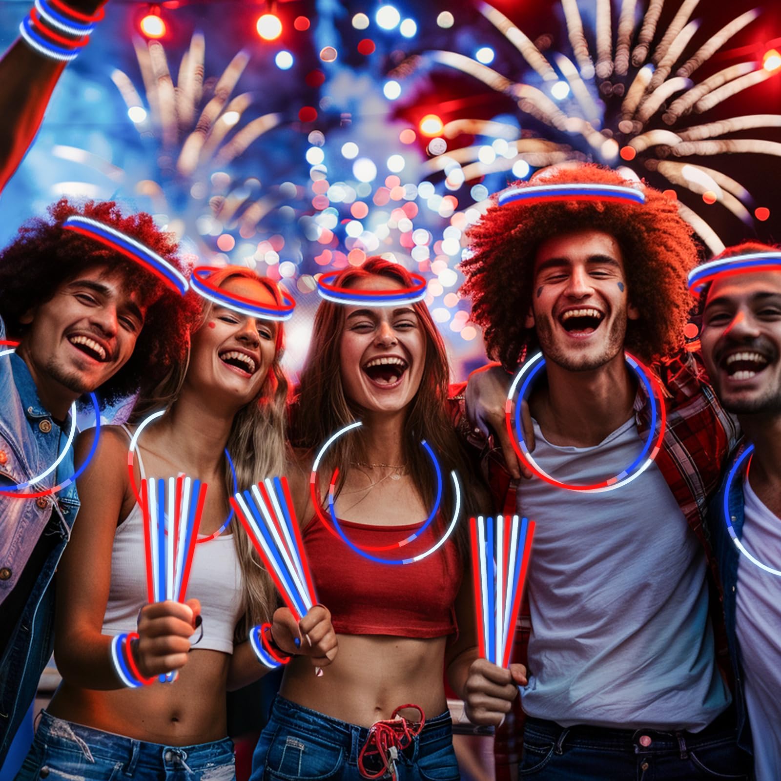 100 PCS 4th of July Glow Sticks Bulk with Connectors, Patriotic Red White Blue Glow in The Dark Stick, Light Up Bracelets Nacklaces for Kids Adults, 250th Anniversary USA Party Favor LED Accessories - Image 5