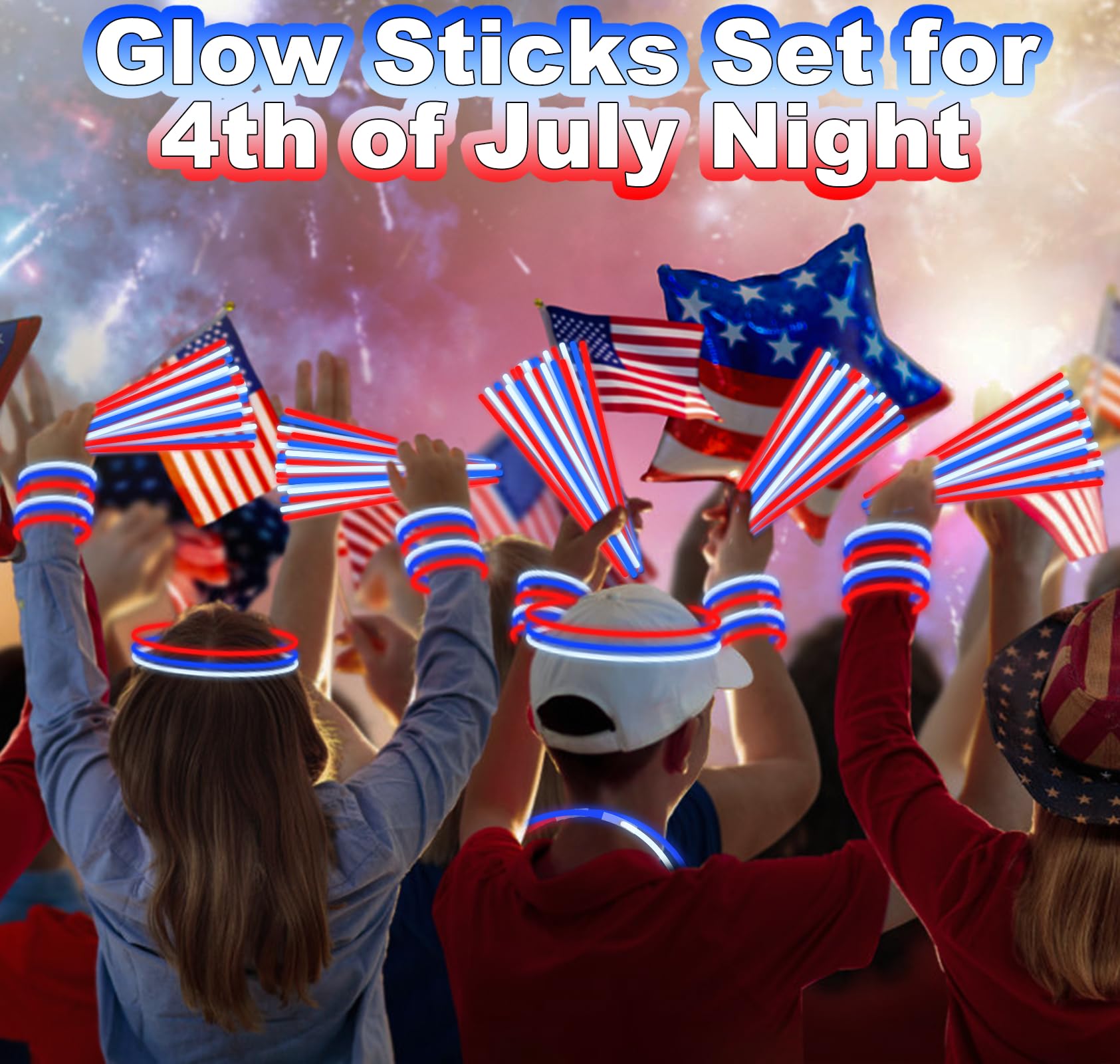 100 PCS 4th of July Glow Sticks Bulk with Connectors, Patriotic Red White Blue Glow in The Dark Stick, Light Up Bracelets Nacklaces for Kids Adults, 250th Anniversary USA Party Favor LED Accessories - Image 6