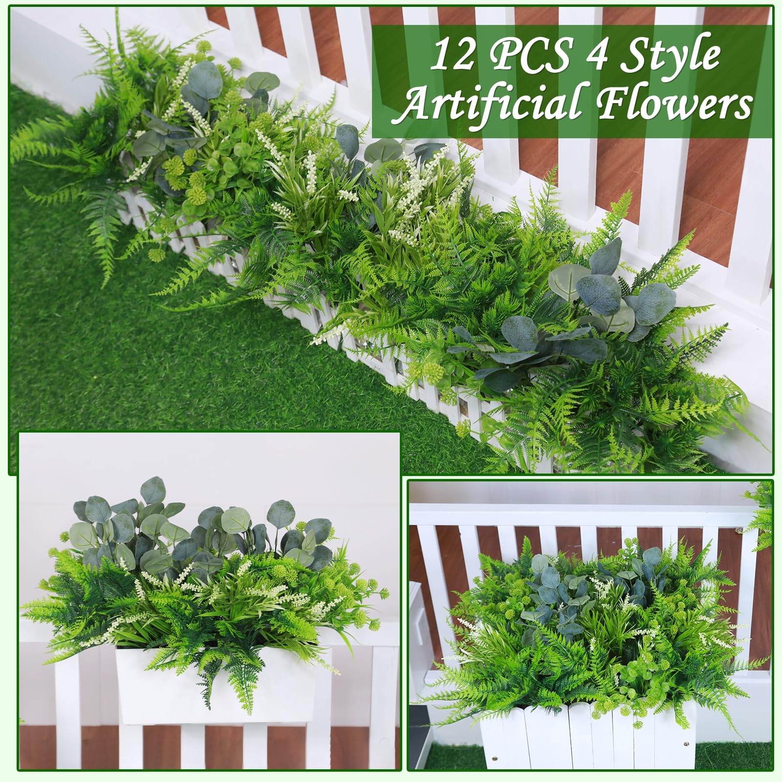 12 Bundles 4 Styles Artificial Plants Outdoor, UV Resistant No Fade Artificial Flowers Faux Plants Fern Lavender Eucalyptus Plastic Greenery Shrubs for Outside Porch Garden Home Spring Summer Decor - Image 3
