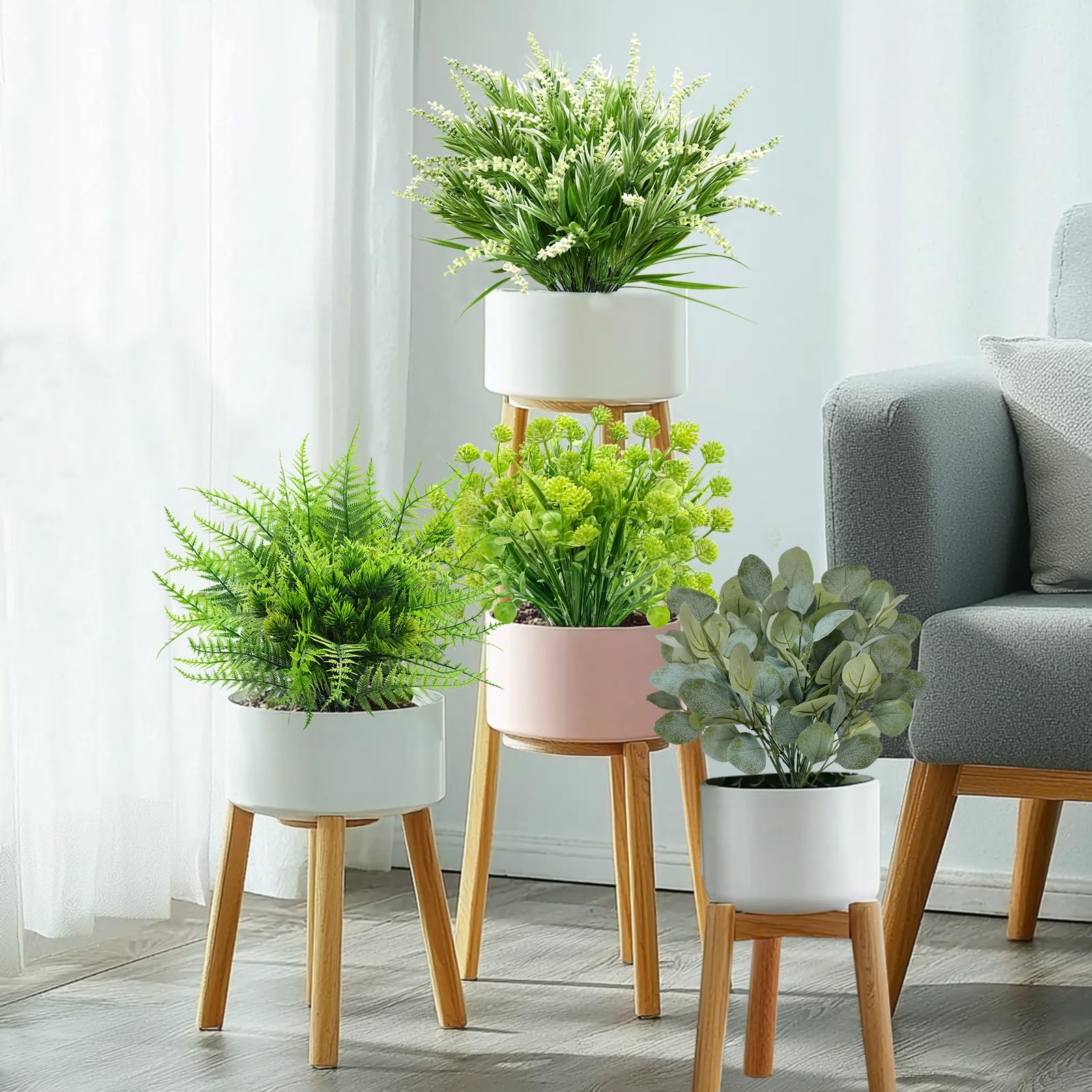 12 Bundles 4 Styles Artificial Plants Outdoor, UV Resistant No Fade Artificial Flowers Faux Plants Fern Lavender Eucalyptus Plastic Greenery Shrubs for Outside Porch Garden Home Spring Summer Decor - Image 6