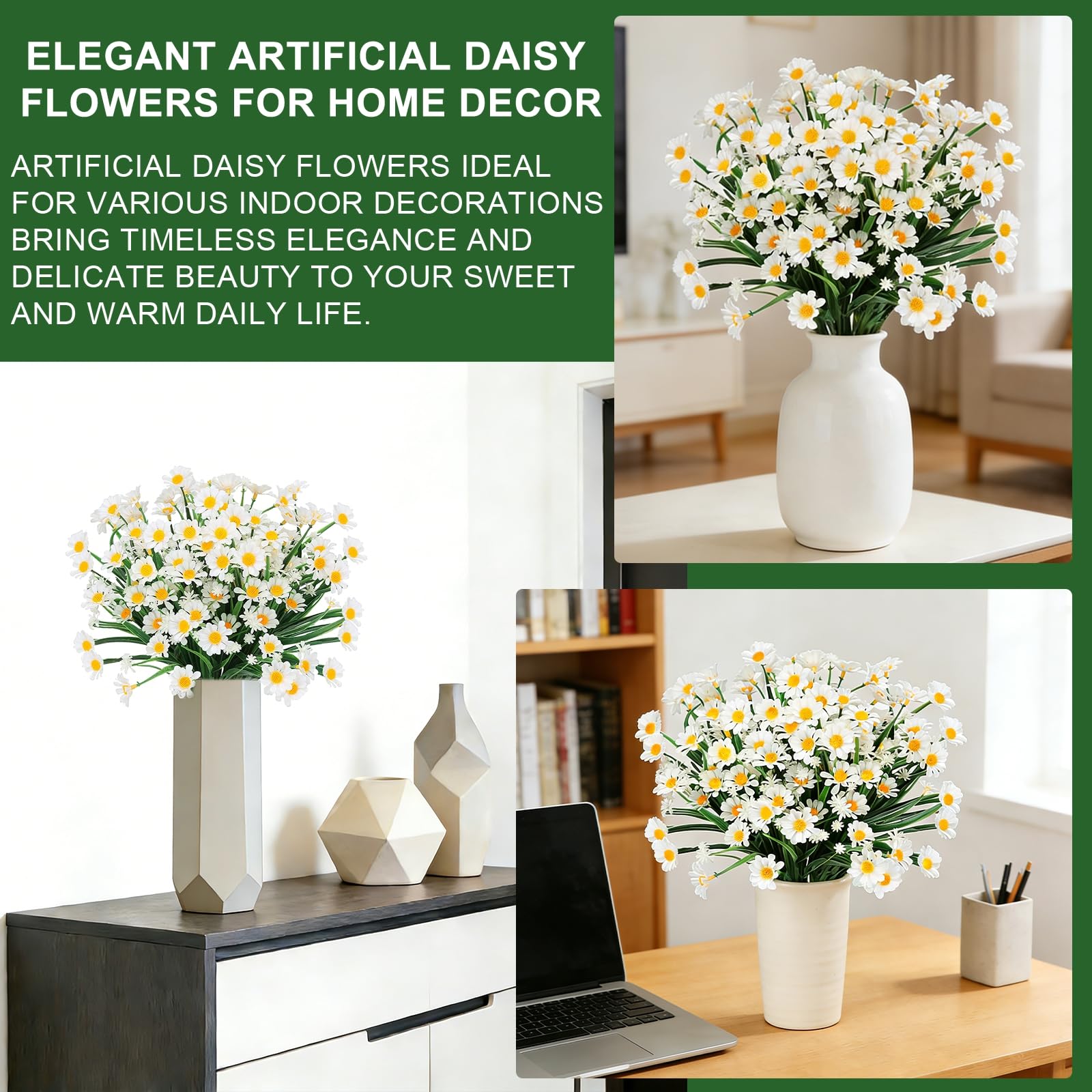 12 Bundles Artificial Daisy Flowers for Outdoors Summer Decor, UV Resistant Fake Flowers Faux Plastic Greenery Shrub Plants for Outside Home Gardens Porch Planter Indoor Spring Cemetery Décor(White) - Image 4