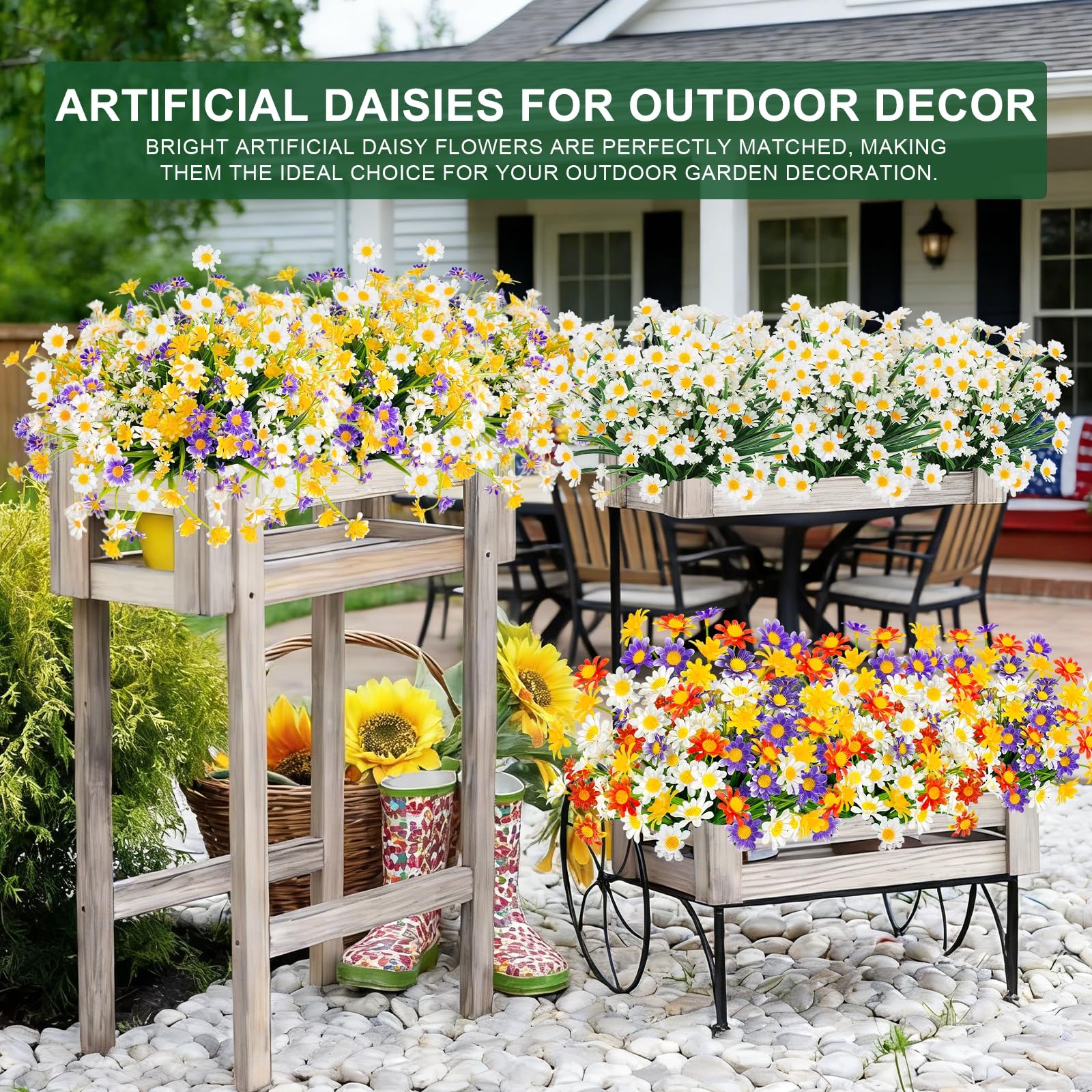 12 Bundles Artificial Daisy Flowers for Outdoors Summer Decor, UV Resistant Fake Flowers Faux Plastic Greenery Shrub Plants for Outside Home Gardens Porch Planter Indoor Spring Cemetery Décor(White) - Image 7