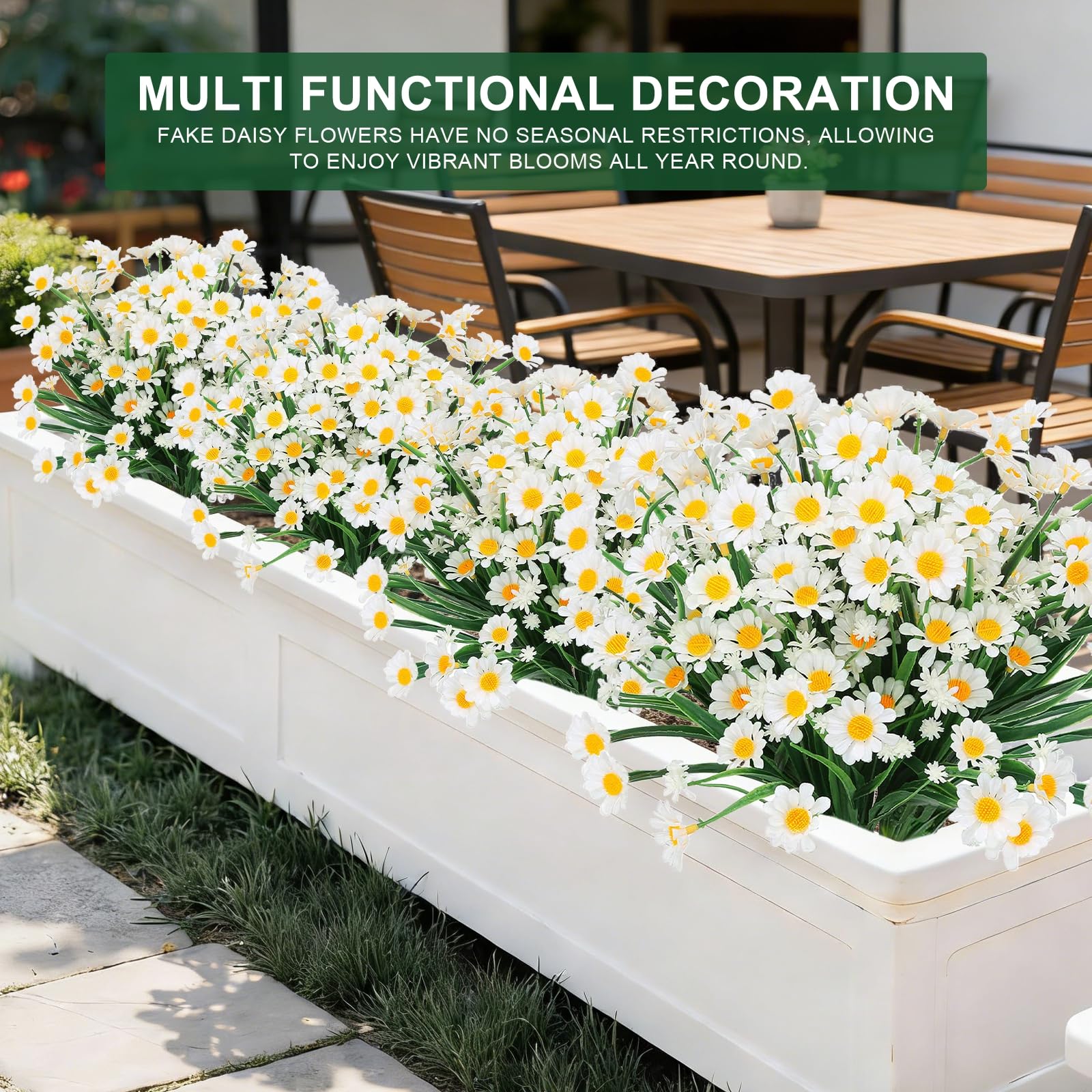 12 Bundles Artificial Daisy Flowers for Outdoors Summer Decor, UV Resistant Fake Flowers Faux Plastic Greenery Shrub Plants for Outside Home Gardens Porch Planter Indoor Spring Cemetery Décor(White) - Image 8