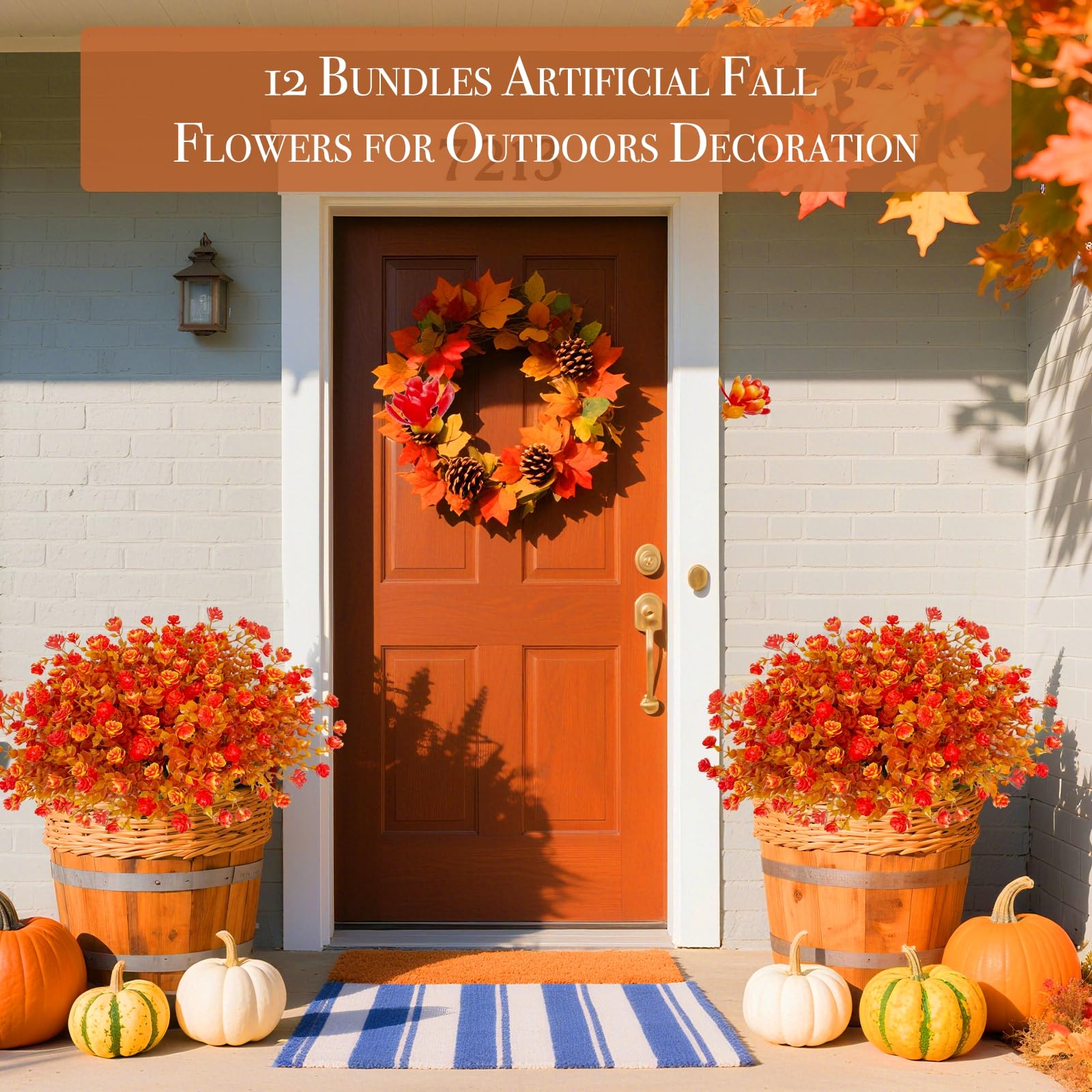 12 Bundles Artificial Fall Flowers for Outdoors Fall Thanksgiving Decorations, UV Resistant Fake Mums Faux Fall Plants Plastic Greenery Shrub Home Porch Gardens Autumn Decor(Brown Eucalyptus Flower) - Image 5