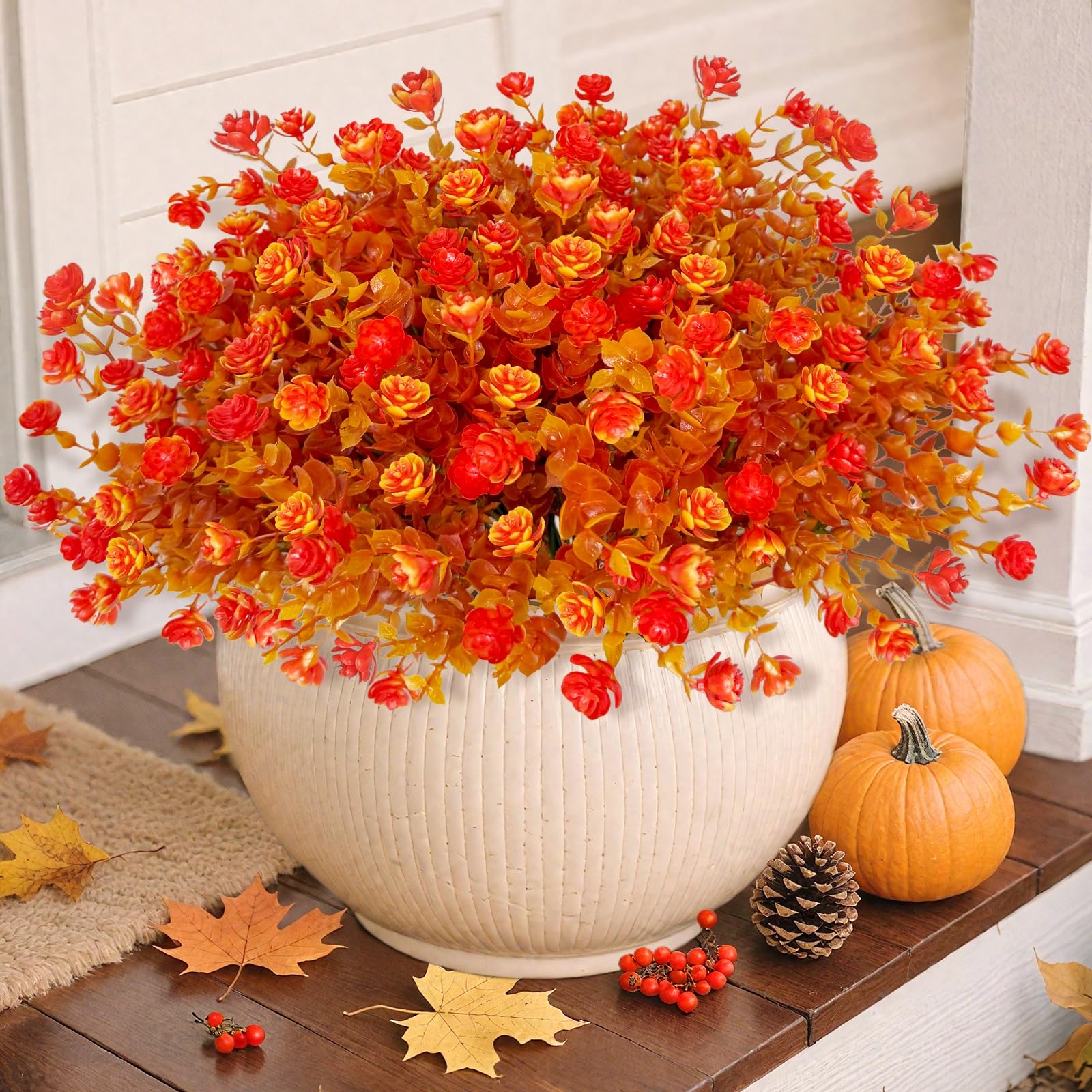 12 Bundles Artificial Fall Flowers for Outdoors Fall Thanksgiving Decorations, UV Resistant Fake Mums Faux Fall Plants Plastic Greenery Shrub Home Porch Gardens Autumn Decor(Brown Eucalyptus Flower) - Image 6