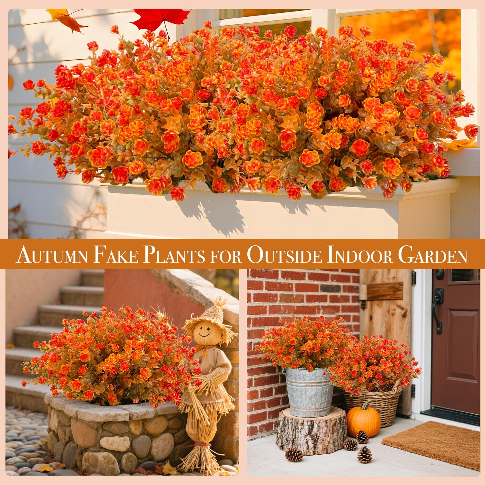 12 Bundles Artificial Fall Flowers for Outdoors Fall Thanksgiving Decorations,UV Resistant Fake Mums Faux Fall Plants Plastic Greenery Shrub Porch Home Gardens Autumn Decor(Brown Orange Flowers) - Image 4