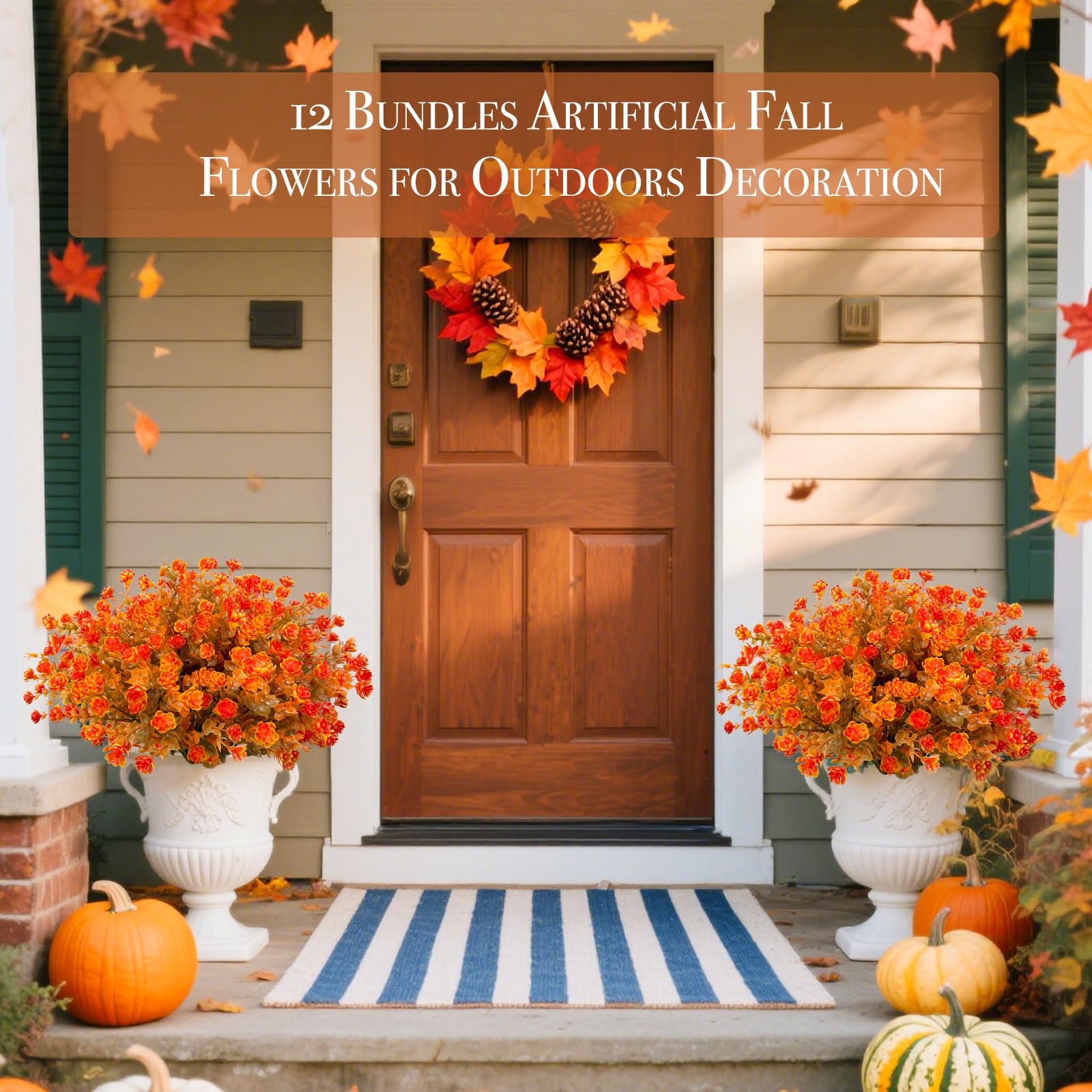 12 Bundles Artificial Fall Flowers for Outdoors Fall Thanksgiving Decorations,UV Resistant Fake Mums Faux Fall Plants Plastic Greenery Shrub Porch Home Gardens Autumn Decor(Brown Orange Flowers) - Image 6
