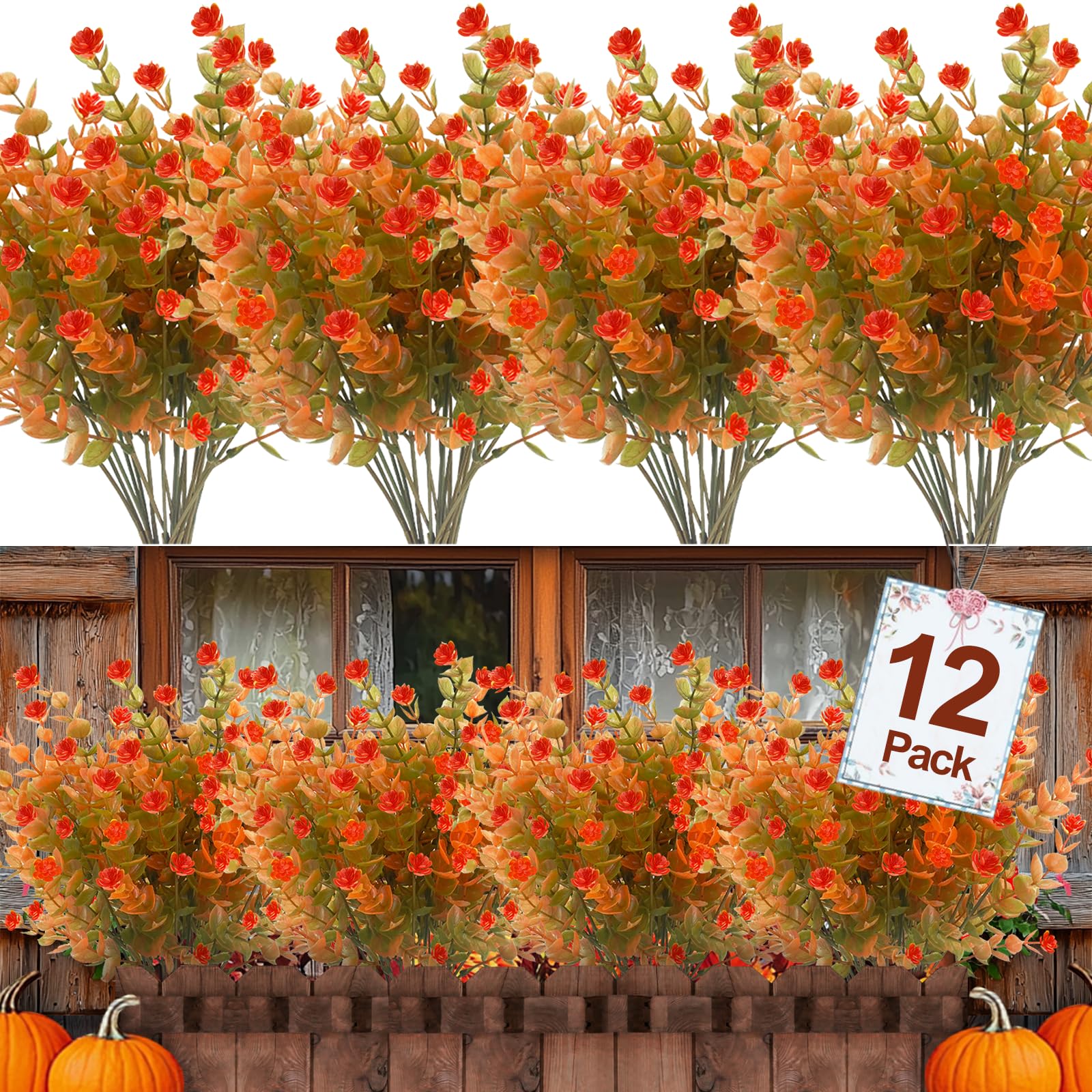 12 Bundles Artificial Fall Flowers for Outdoors Fall Thanksgiving Decorations,UV Resistant Fake Mums Faux Fall Plants Plastic Greenery Shrub Porch Home Gardens Autumn Decor(Brown Orange Flowers) - Image 8
