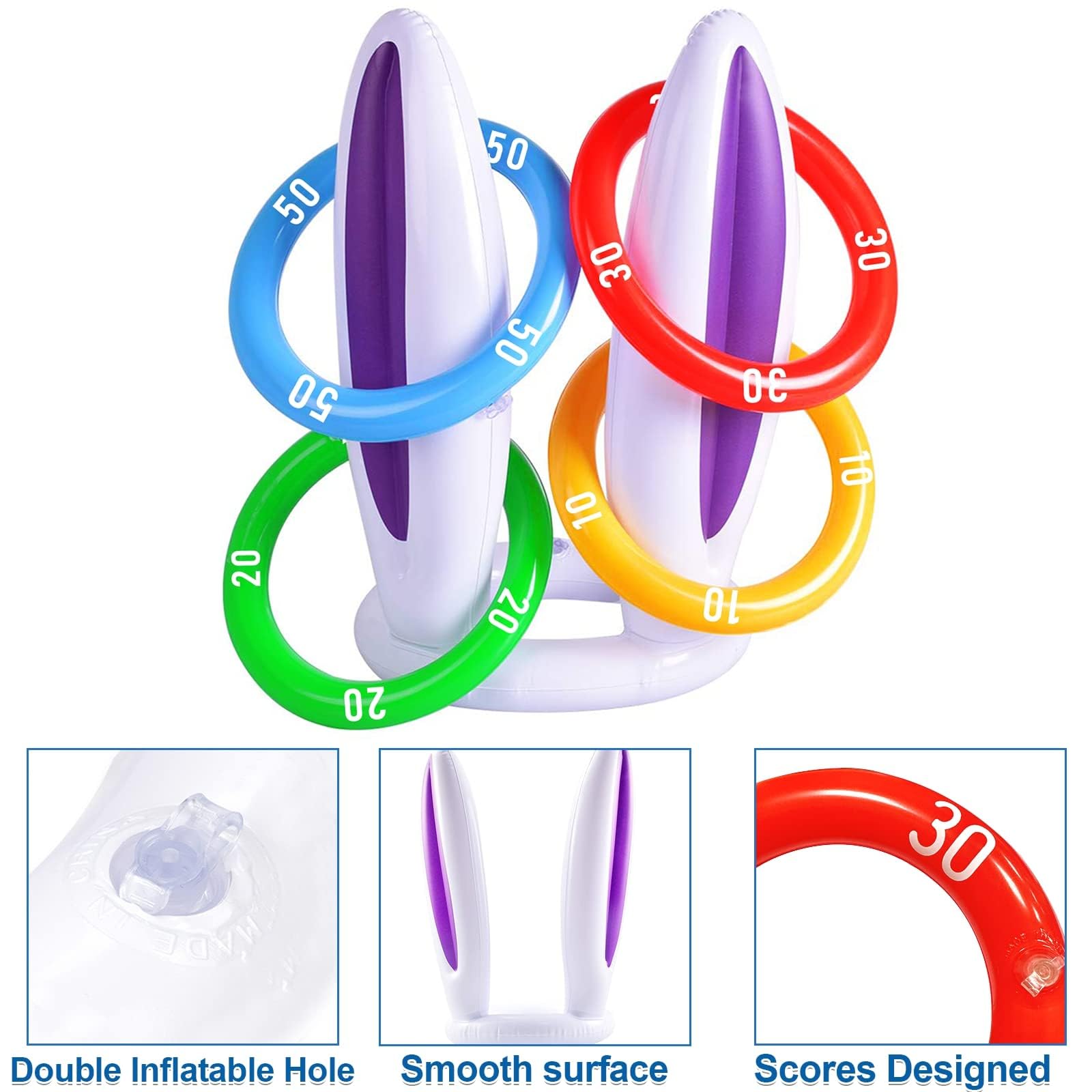 [16 Score Rings ] 4 Pack Easter Inflatable Bunny Rabbit Ears Ring Toss Game ​Easter Basket Stuffers for Kids Party Games Inflatable Gifts for Indoor Outdoor Toys Party Supplies Family Game - Image 4