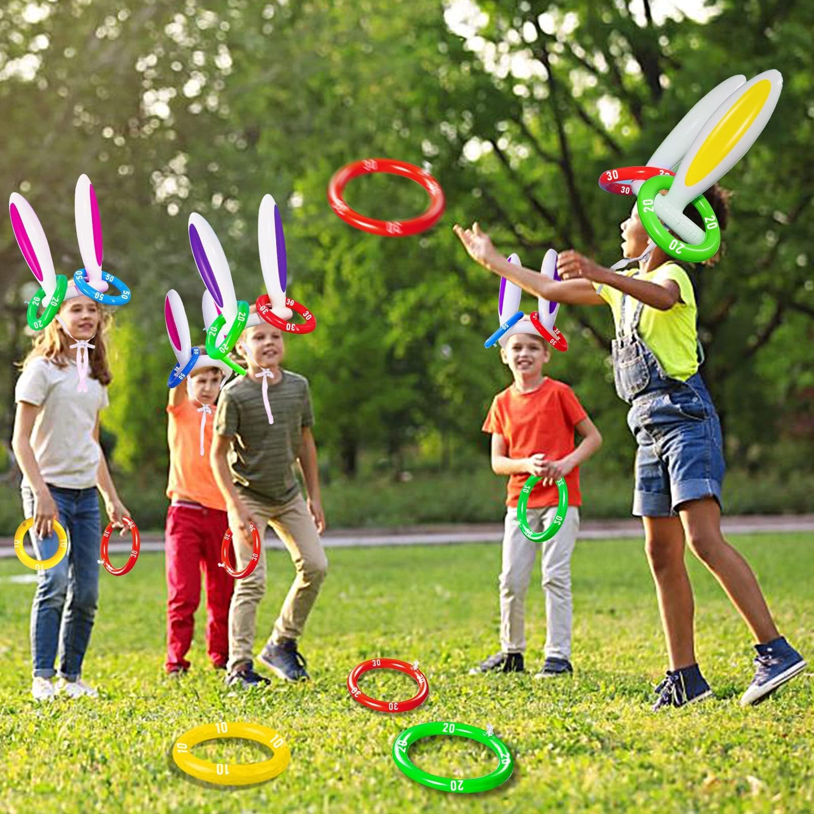 [16 Score Rings ] 4 Pack Easter Inflatable Bunny Rabbit Ears Ring Toss Game ​Easter Basket Stuffers for Kids Party Games Inflatable Gifts for Indoor Outdoor Toys Party Supplies Family Game - Image 6