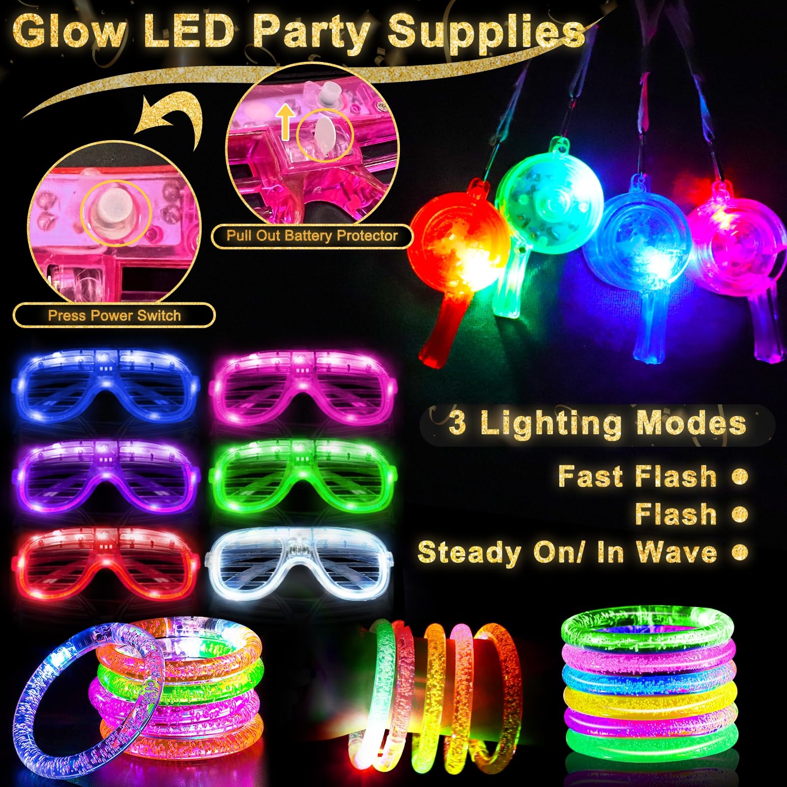 178 Pcs Glow In The Dark New Years Eve Party Supplies 2026 Decorations with 6 Led Glasses 6 Light Up Headbands 12 Flashing Bracelets 6 Noise Makers Necklaces 100 Glow Sticks Party Favors for New Years - Image 3