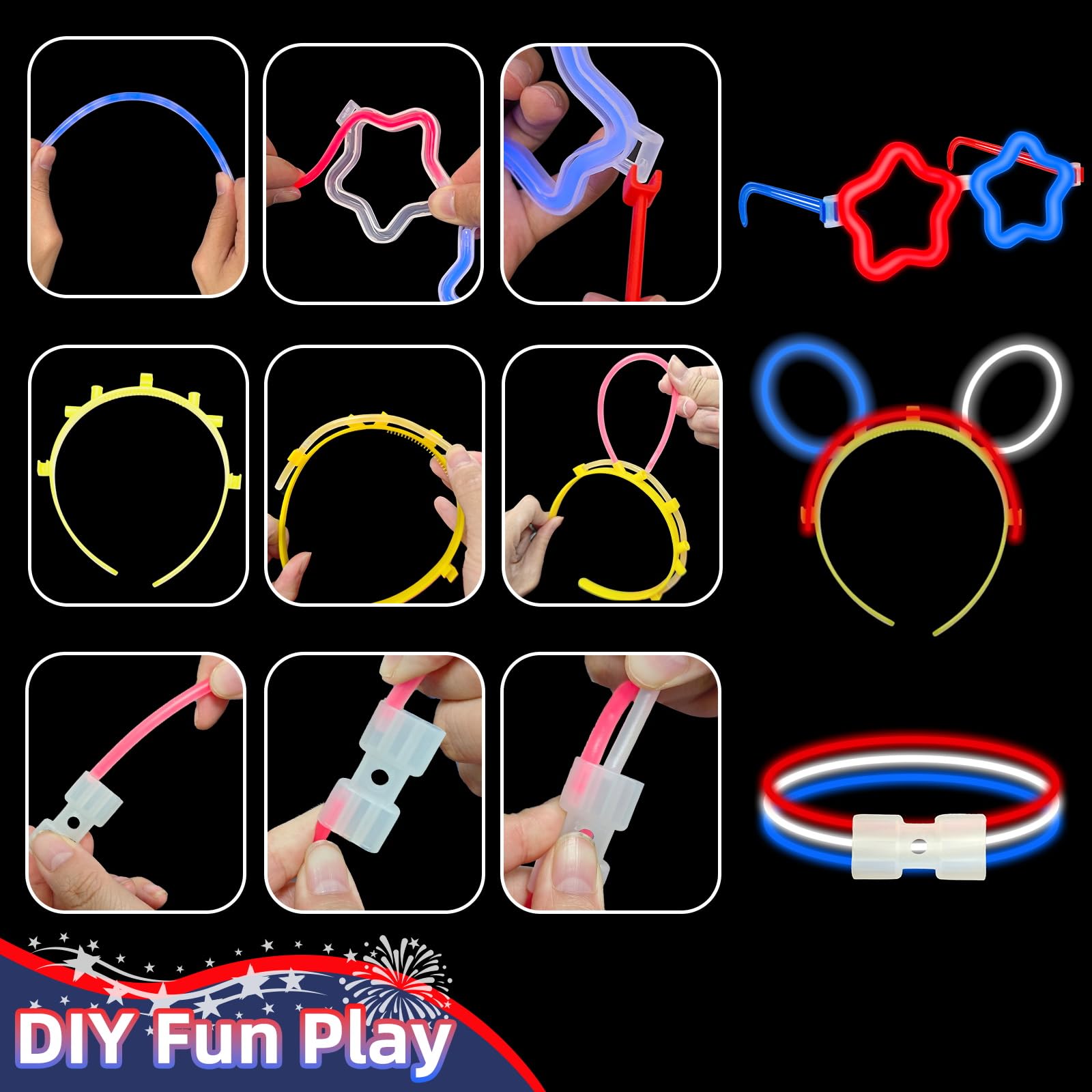 180 Pcs 4th of July Light Up Party Favors,12 Red White Blue Star Glasses 6 Headbands 12 Bracelets 150 Patriotic Glow Sticks Bulk with Connectors Glow in the Dark Party Supplies 250th Anniversary USA - Image 3