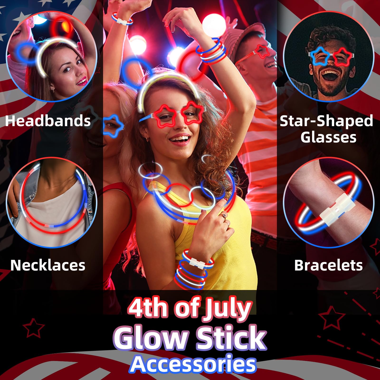 180 Pcs 4th of July Light Up Party Favors,12 Red White Blue Star Glasses 6 Headbands 12 Bracelets 150 Patriotic Glow Sticks Bulk with Connectors Glow in the Dark Party Supplies 250th Anniversary USA - Image 4