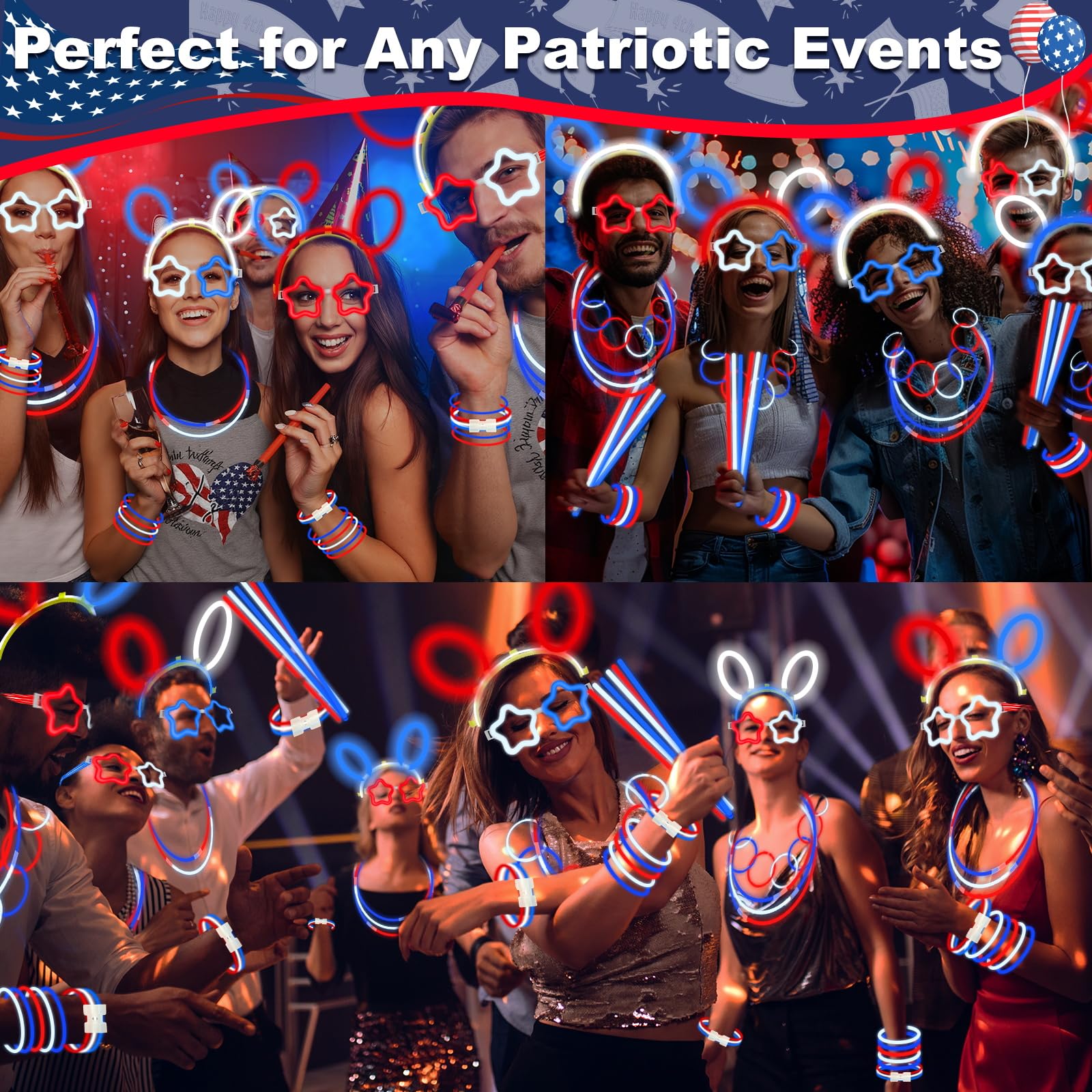 180 Pcs 4th of July Light Up Party Favors,12 Red White Blue Star Glasses 6 Headbands 12 Bracelets 150 Patriotic Glow Sticks Bulk with Connectors Glow in the Dark Party Supplies 250th Anniversary USA - Image 6