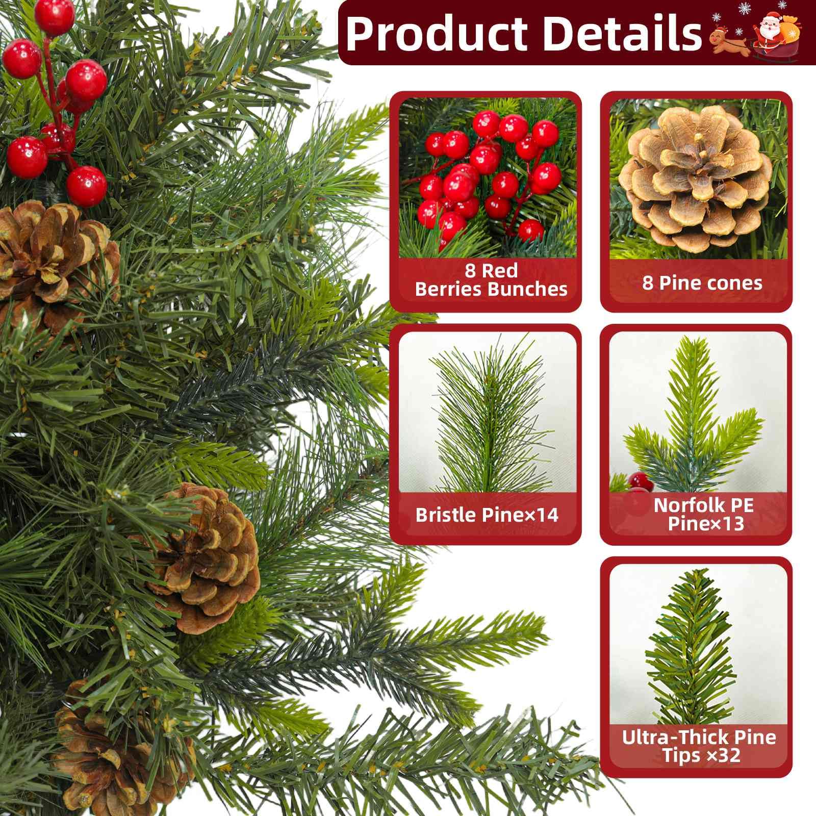 2 Pack 22 Inch Table top Christmas Tree with 60 LED Lights Timer, Realistic-Feel PE Artificial Small Christmas Trees Warm White Lights Pine Cones Red Berried, Xmas Mini Tree for Indoor Home Holiday - Image 3