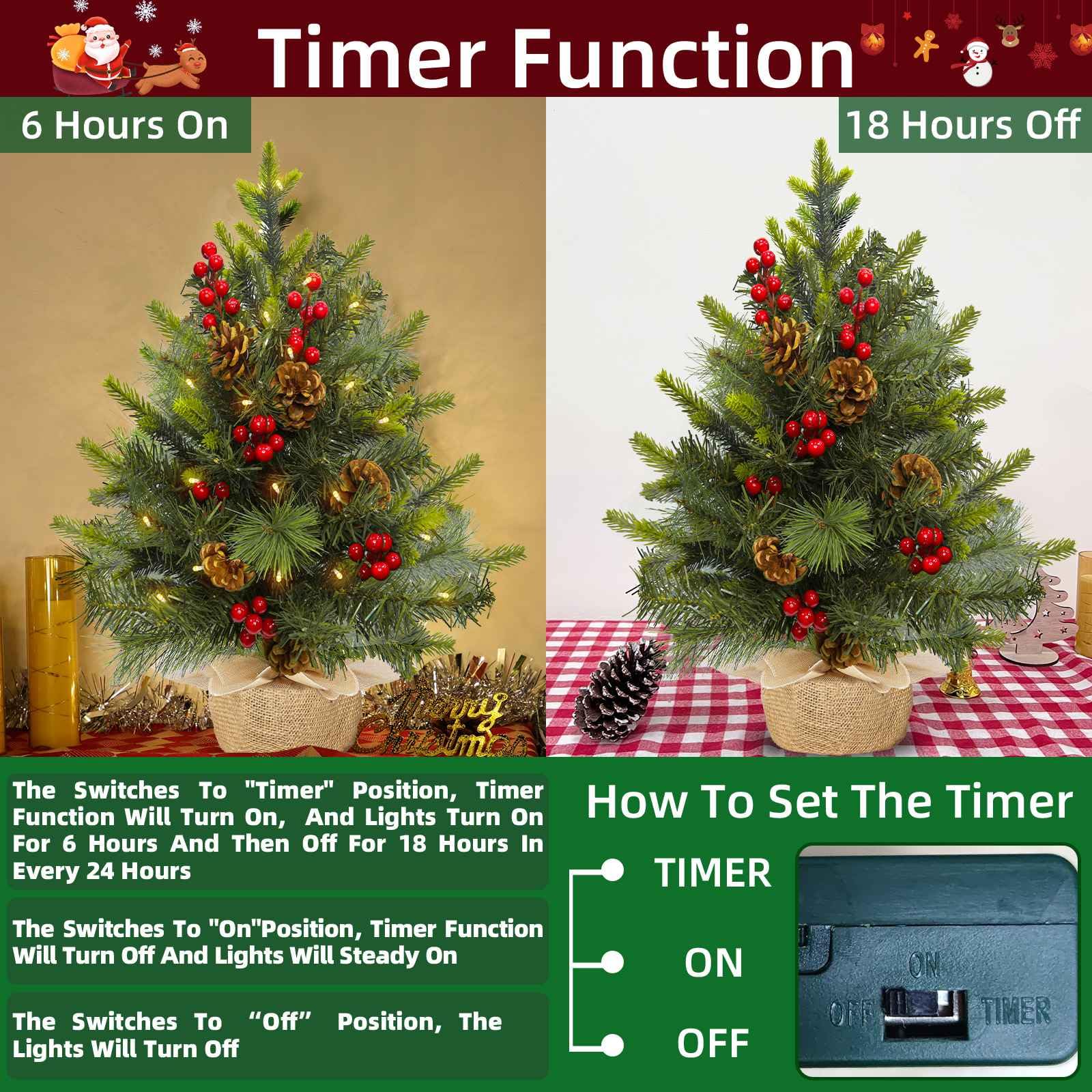 2 Pack 22 Inch Table top Christmas Tree with 60 LED Lights Timer, Realistic-Feel PE Artificial Small Christmas Trees Warm White Lights Pine Cones Red Berried, Xmas Mini Tree for Indoor Home Holiday - Image 4