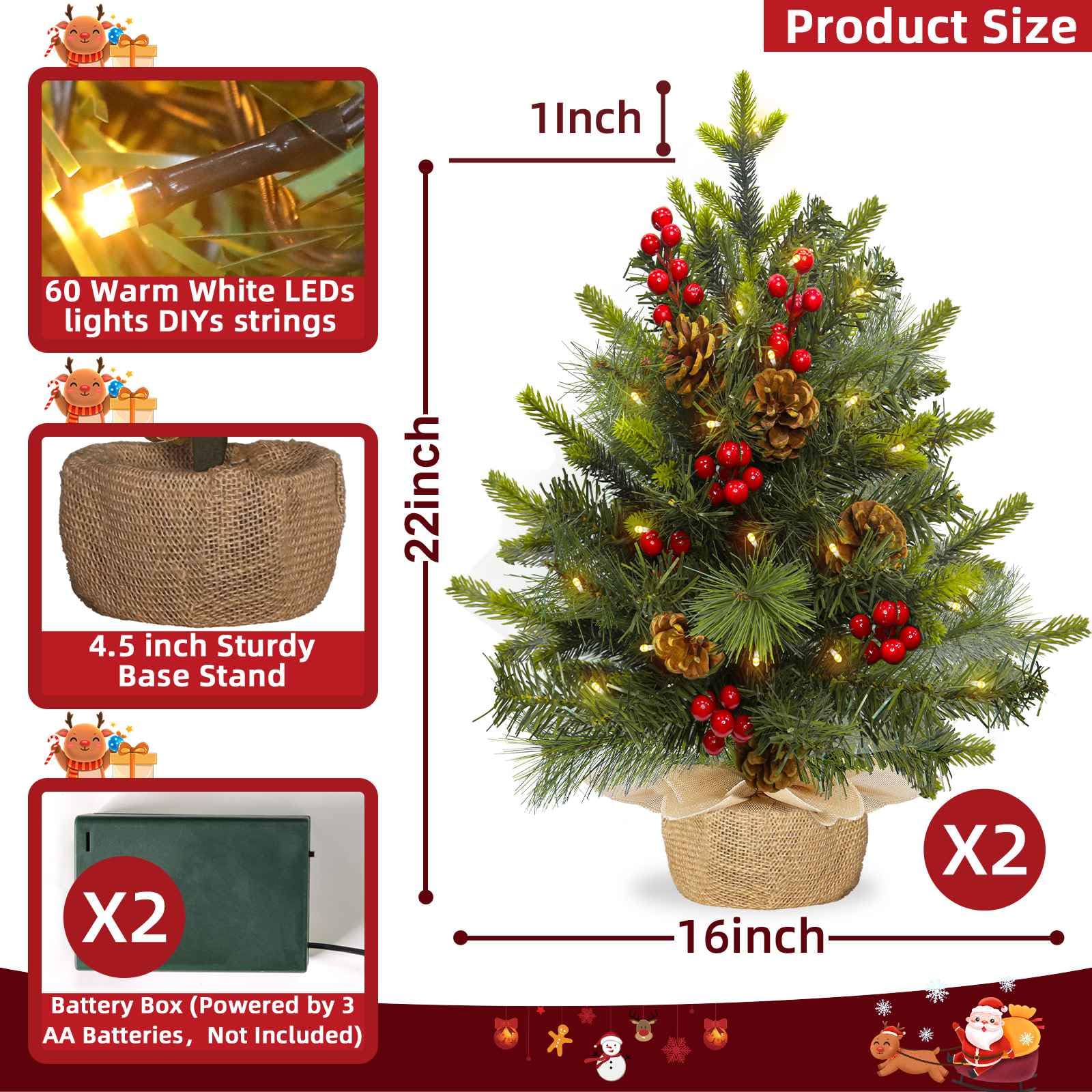 2 Pack 22 Inch Table top Christmas Tree with 60 LED Lights Timer, Realistic-Feel PE Artificial Small Christmas Trees Warm White Lights Pine Cones Red Berried, Xmas Mini Tree for Indoor Home Holiday - Image 5