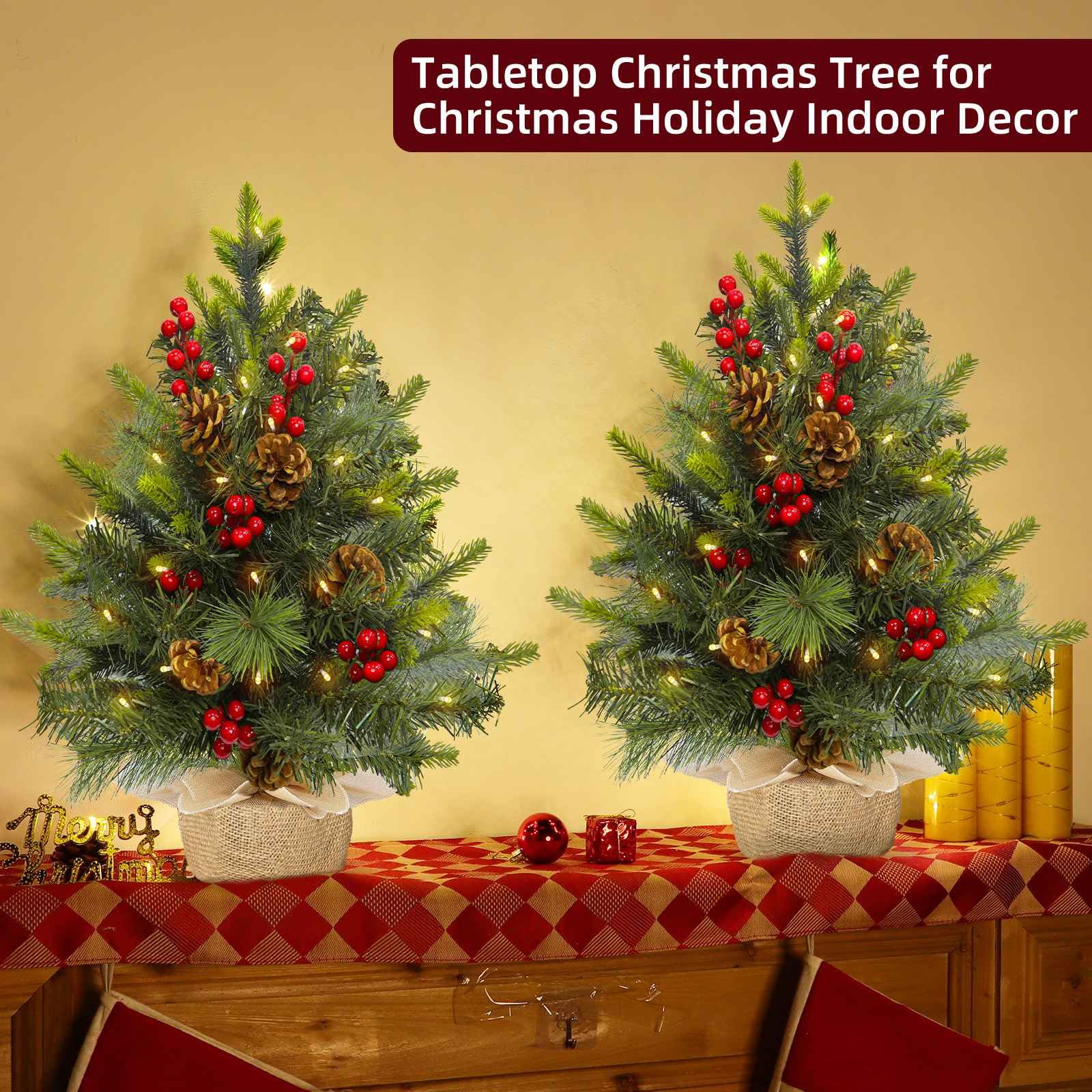 2 Pack 22 Inch Table top Christmas Tree with 60 LED Lights Timer, Realistic-Feel PE Artificial Small Christmas Trees Warm White Lights Pine Cones Red Berried, Xmas Mini Tree for Indoor Home Holiday - Image 6