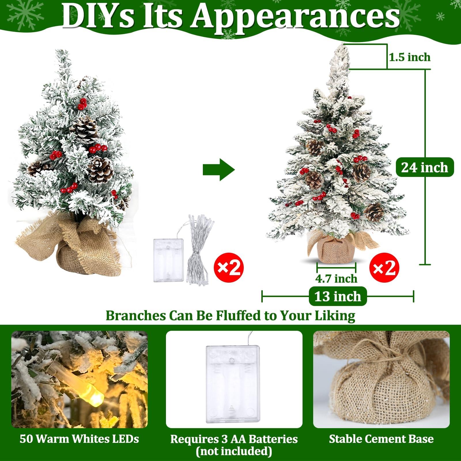 2 Pack 24"/2FT Thick Snow Flocked Tabletop Christmas Tree, Small Christmas Tree with 50 Lights Timer Battery Operated 70 Snowy Branches 24 Red Berries 8 Pinecones Burlap Base Xmas Decor Indoor Home - Image 3