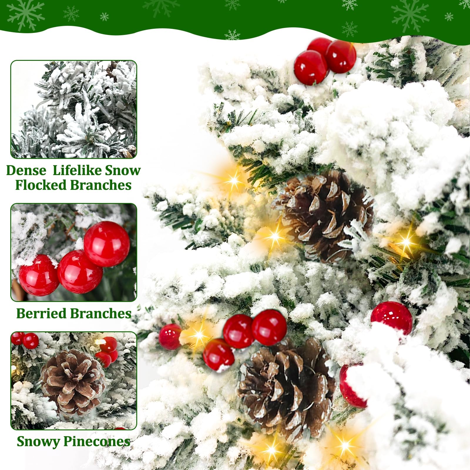 2 Pack 24"/2FT Thick Snow Flocked Tabletop Christmas Tree, Small Christmas Tree with 50 Lights Timer Battery Operated 70 Snowy Branches 24 Red Berries 8 Pinecones Burlap Base Xmas Decor Indoor Home - Image 4