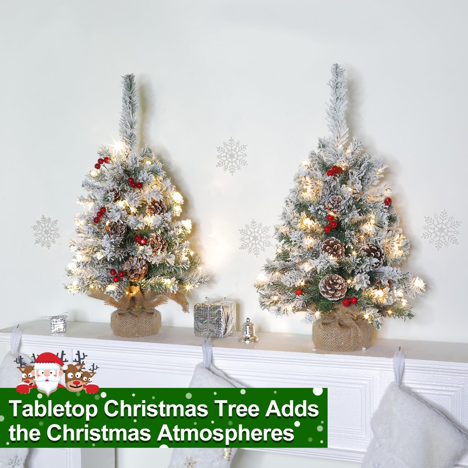2 Pack 24"/2FT Thick Snow Flocked Tabletop Christmas Tree, Small Christmas Tree with 50 Lights Timer Battery Operated 70 Snowy Branches 24 Red Berries 8 Pinecones Burlap Base Xmas Decor Indoor Home - Image 5