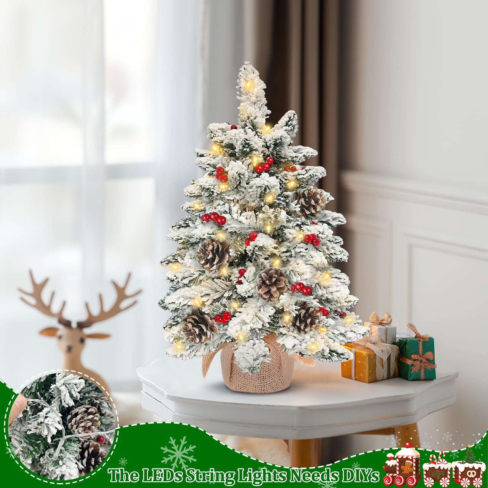 2 Pack 24"/2FT Thick Snow Flocked Tabletop Christmas Tree, Small Christmas Tree with 50 Lights Timer Battery Operated 70 Snowy Branches 24 Red Berries 8 Pinecones Burlap Base Xmas Decor Indoor Home - Image 6