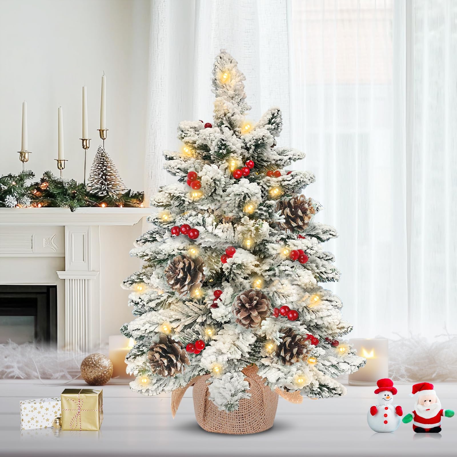 2 Pack 24"/2FT Thick Snow Flocked Tabletop Christmas Tree, Small Christmas Tree with 50 Lights Timer Battery Operated 70 Snowy Branches 24 Red Berries 8 Pinecones Burlap Base Xmas Decor Indoor Home - Image 7