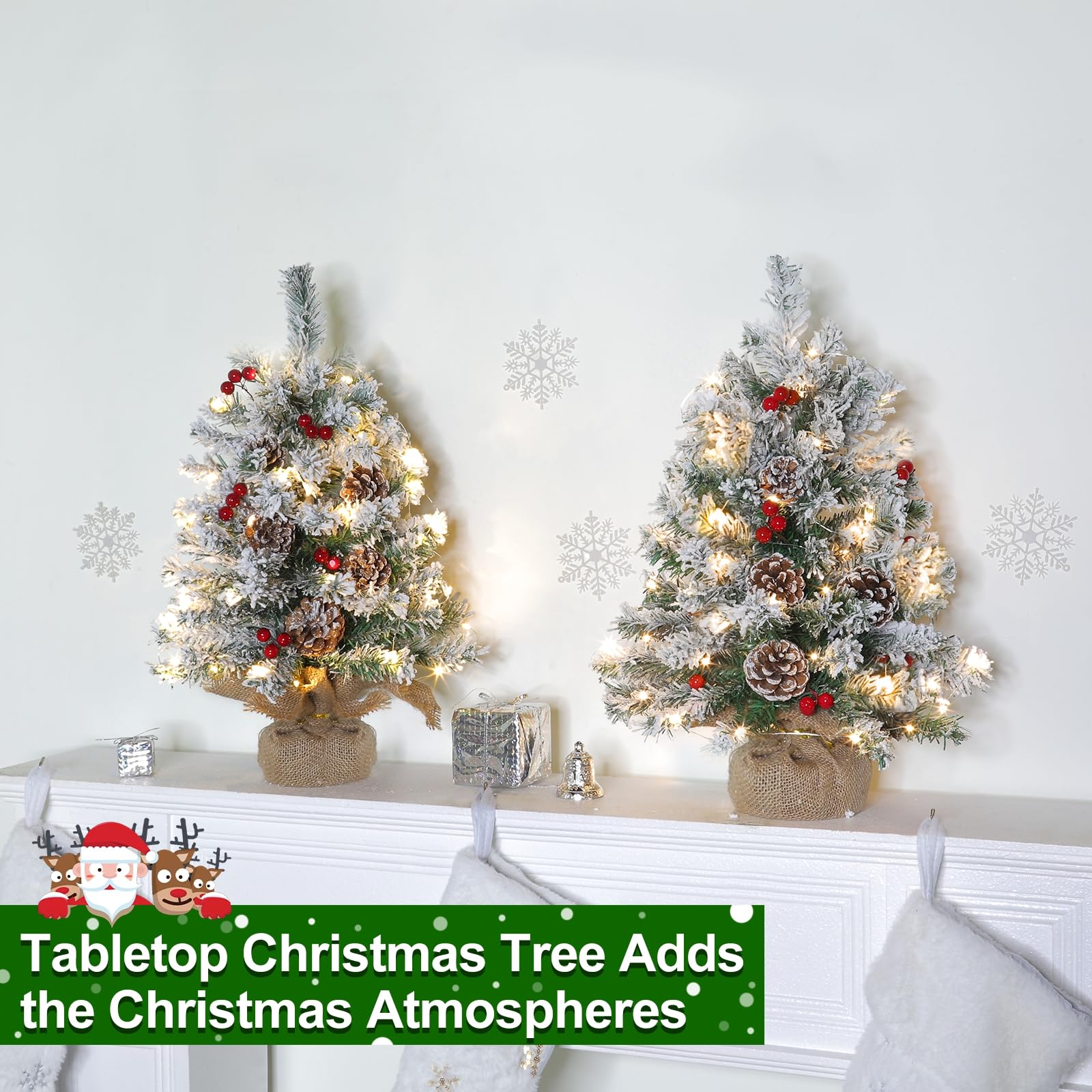 2 Pack 24"/2FT Thick Snow Flocked Tabletop Christmas Tree, Small Christmas Tree with 50 Lights Timer Battery Operated 70 Snowy Branches 24 Red Berries 8 Pinecones Burlap Base Xmas Decor Indoor Home - Image 8
