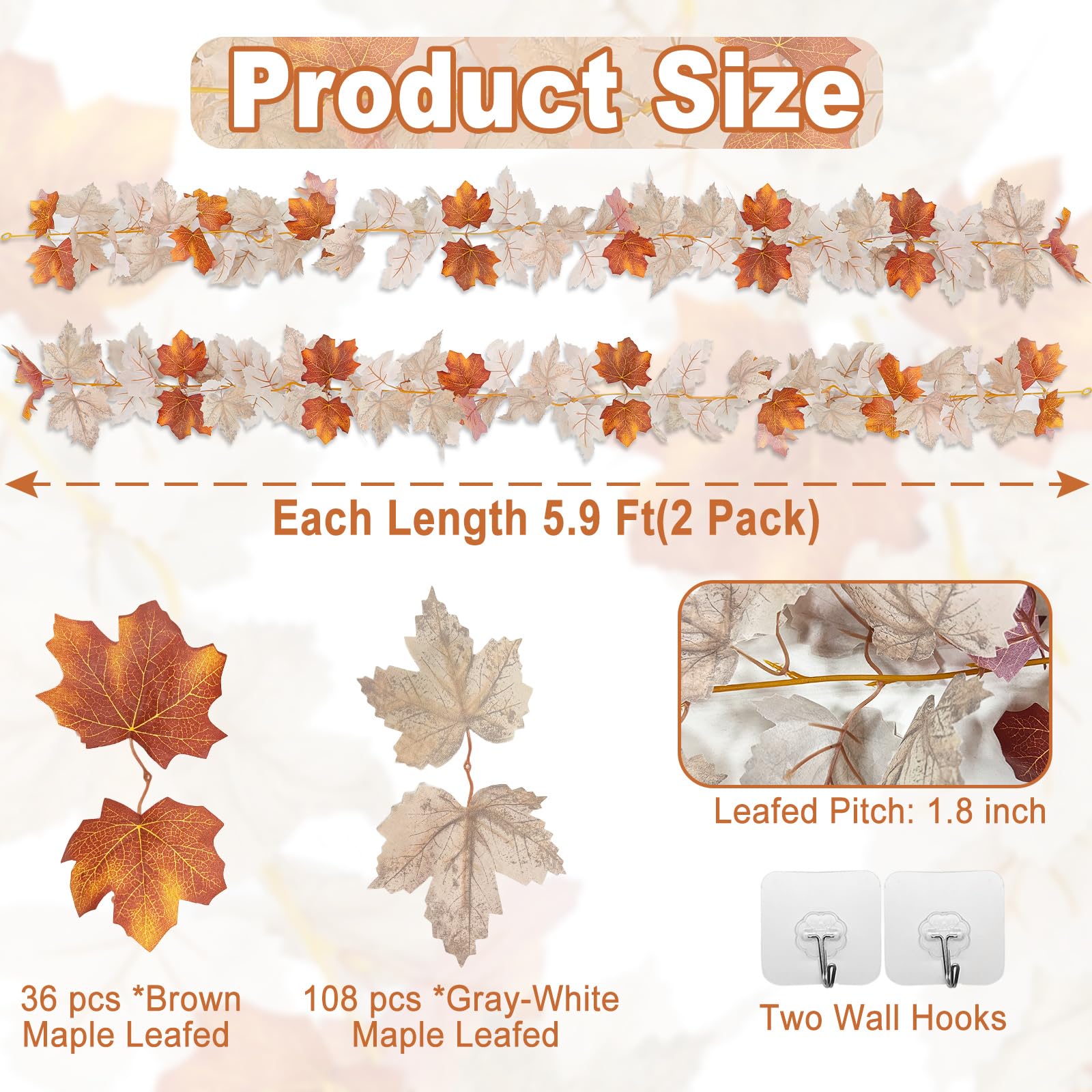 2 Pack Fall Maples Leaves Garland Fall Thanksgiving Decorations for Home Total 11.8Ft Fall Leaves Garland Hanging Artificial Autumn Foliage Garlands for Home Wedding Mantle Fireplace Party Christmas - Image 5