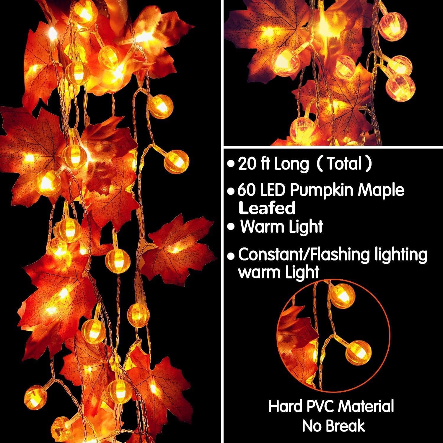 2 Pack Thanksgiving Decorations Fall Garland with Pumpkin Lights Fall Decorations for Home, Total 60 LED 20 Ft Maples Leaves Thanksgiving Lights Battery Operated Autumn Decor Indoor Outdoor Christmas - Image 3