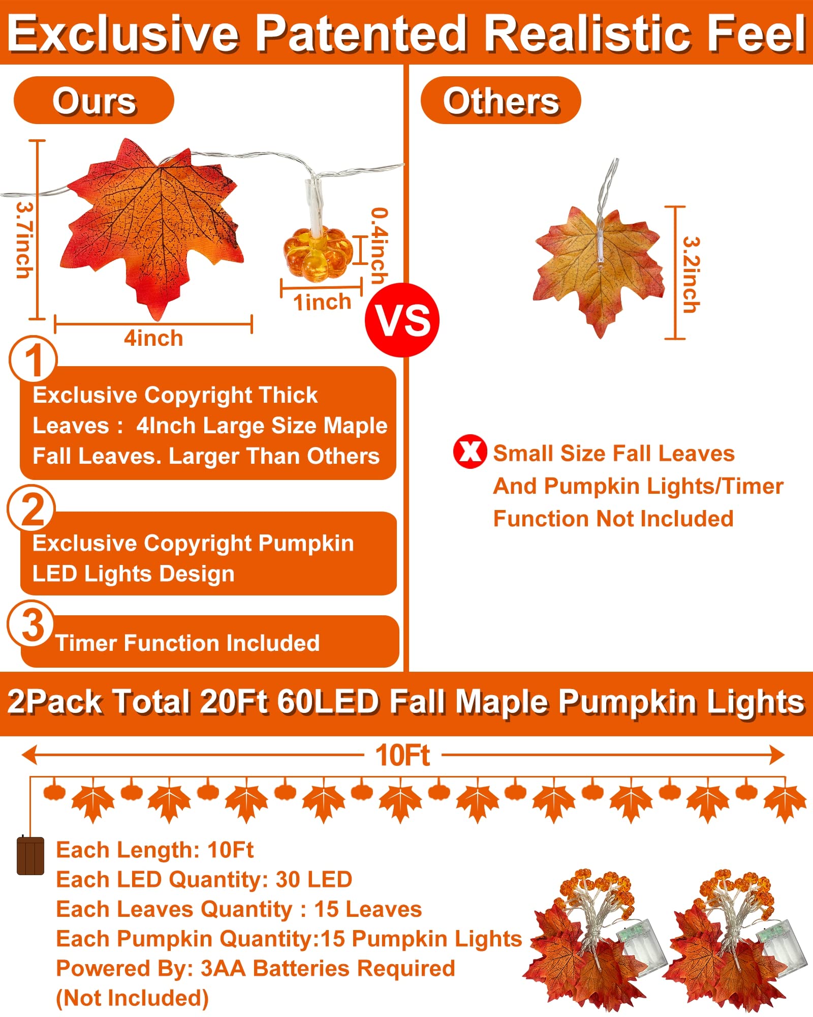 2 Pack & Timer - Thanksgiving Decorations Fall Garland with Pumpkin Lights Fall Decorations for Home, Total 60LED 20Ft Maples Leaves Thanksgiving Lights Battery Operated Indoor Outdoor Christmas Decor - Image 4
