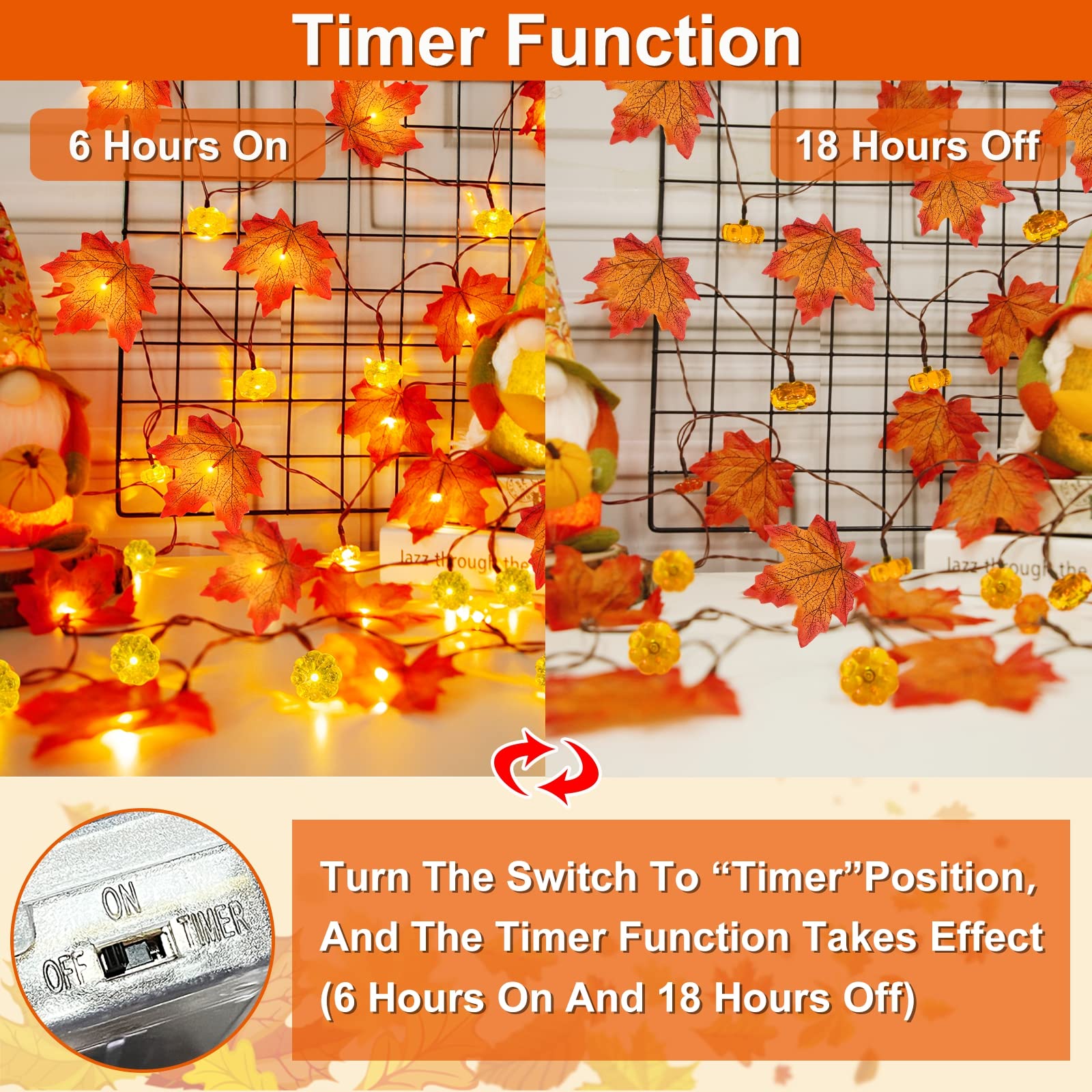 2 Pack & Timer - Thanksgiving Decorations Fall Garland with Pumpkin Lights Fall Decorations for Home, Total 60LED 20Ft Maples Leaves Thanksgiving Lights Battery Operated Indoor Outdoor Christmas Decor - Image 5