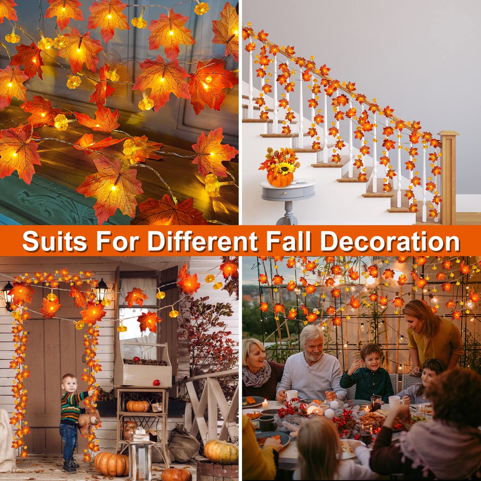 2 Pack & Timer - Thanksgiving Decorations Fall Garland with Pumpkin Lights Fall Decorations for Home, Total 60LED 20Ft Maples Leaves Thanksgiving Lights Battery Operated Indoor Outdoor Christmas Decor - Image 6
