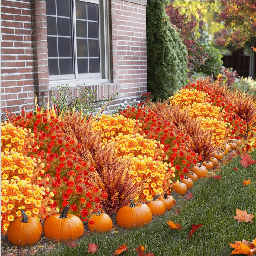 20 Bundles Artificial Fall Flowers for Outdoors Fall Thanksgiving Decorations - UV Resistant Fake Mums Faux Fall Plants Plastic Flowers for Gardens Porch Fireplace Patio Home Indoor Autumn Fall Decor - Image 5