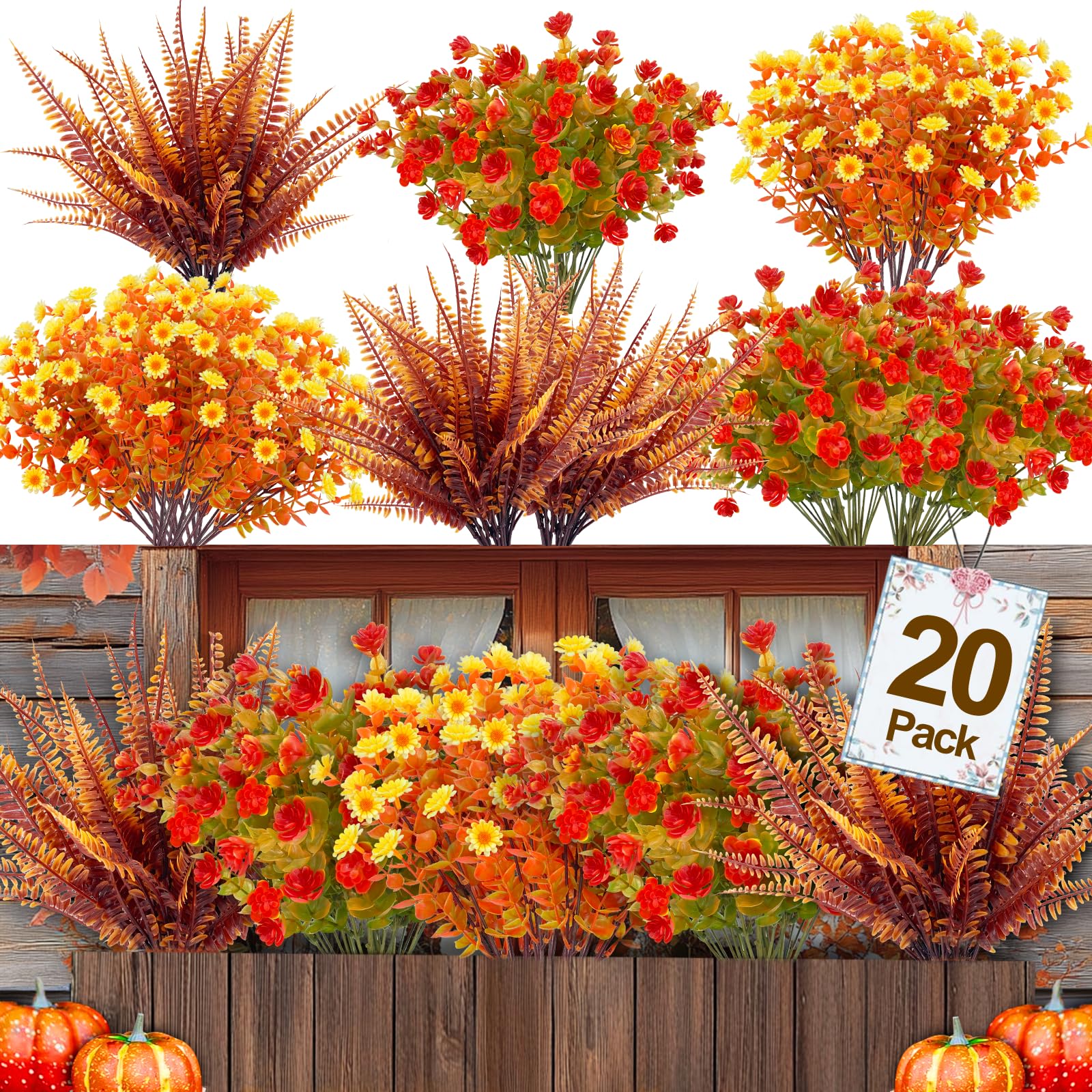 20 Bundles Artificial Fall Flowers for Outdoors Fall Thanksgiving Decorations - UV Resistant Fake Mums Faux Fall Plants Plastic Flowers for Gardens Porch Fireplace Patio Home Indoor Autumn Fall Decor - Image 8