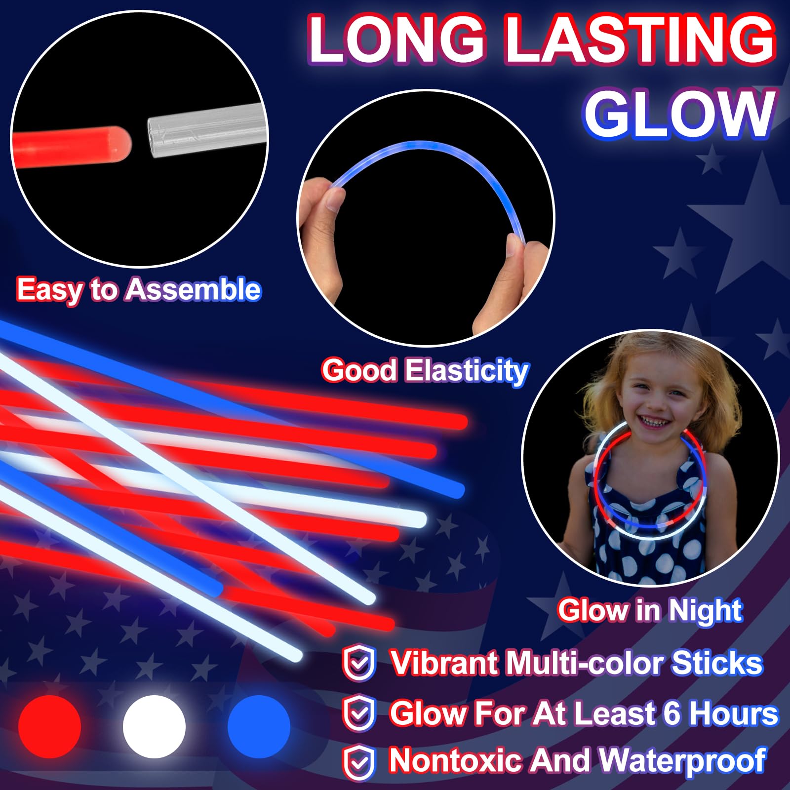200 Pack 4th of July Glow Sticks Party Favors with Connectors,Patriotic Red White Blue Glow Stick Bracelets Nacklaces Glow in the Dark Party Accessories Memorial Day Decorations,250th Anniversary USA - Image 3