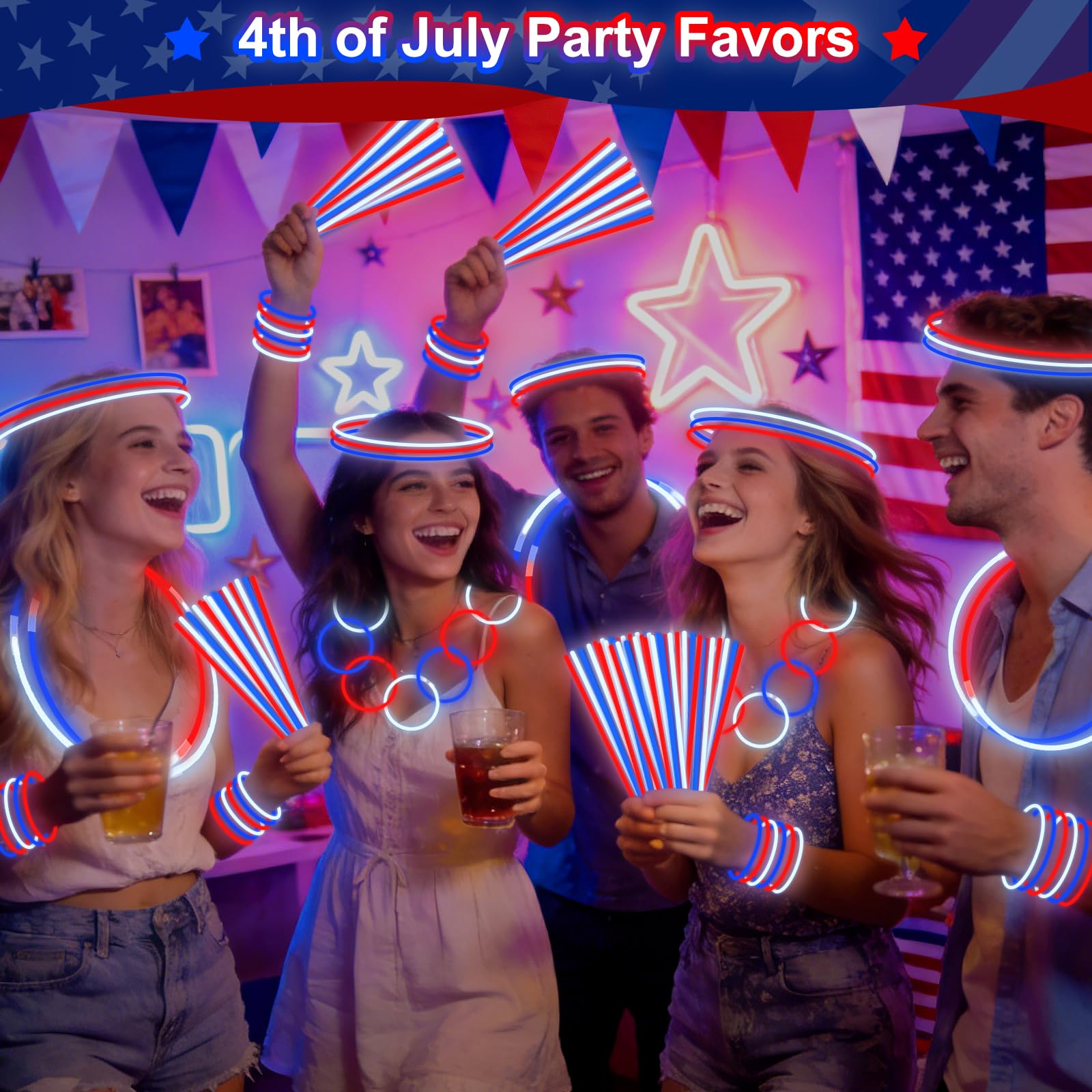200 Pack 4th of July Glow Sticks Party Favors with Connectors,Patriotic Red White Blue Glow Stick Bracelets Nacklaces Glow in the Dark Party Accessories Memorial Day Decorations,250th Anniversary USA - Image 5