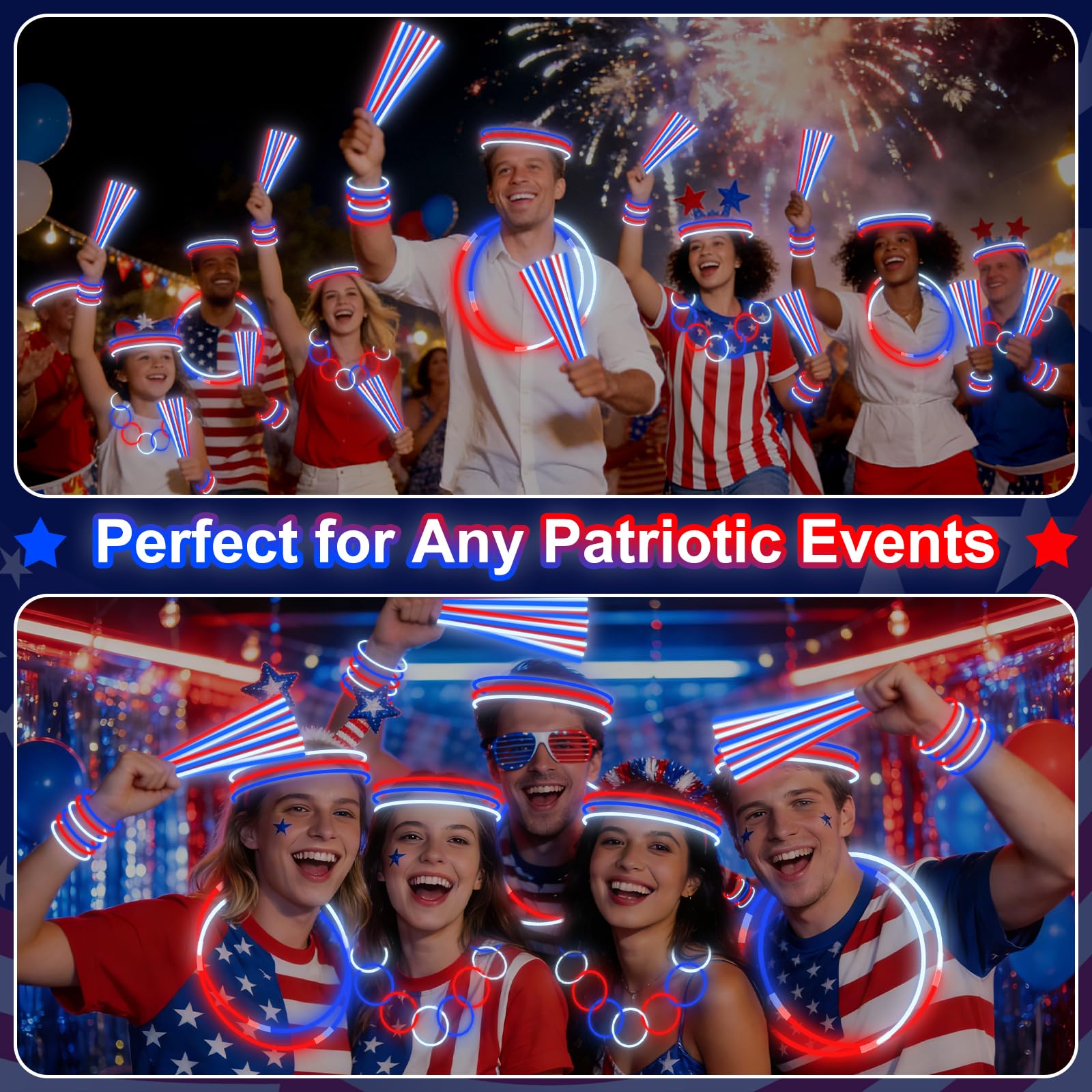 200 Pack 4th of July Glow Sticks Party Favors with Connectors,Patriotic Red White Blue Glow Stick Bracelets Nacklaces Glow in the Dark Party Accessories Memorial Day Decorations,250th Anniversary USA - Image 6