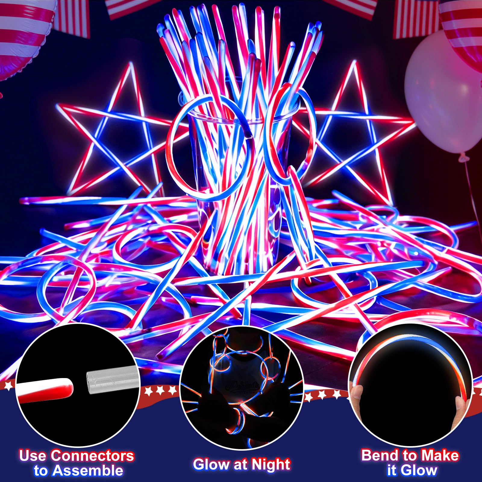 200 PCS 4th of July Glow Sticks Bulk with Connectors,Red White Blue 3 Colors In 1 Glow in The Dark Stick, Light Up Bracelets & Necklaces for Kids & Adults, 250th Anniversary USA Party Favor Supplies - Image 3