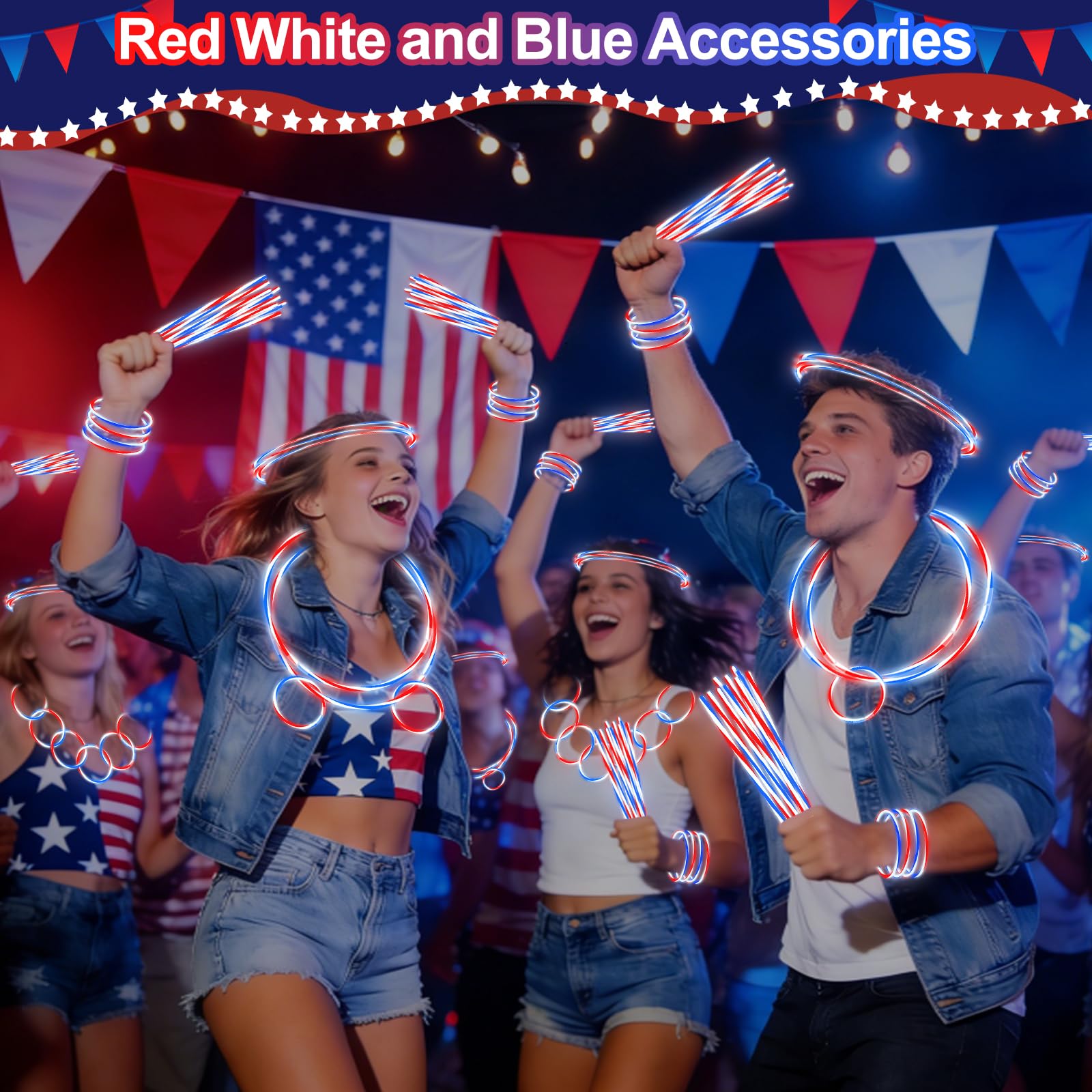 200 PCS 4th of July Glow Sticks Bulk with Connectors,Red White Blue 3 Colors In 1 Glow in The Dark Stick, Light Up Bracelets & Necklaces for Kids & Adults, 250th Anniversary USA Party Favor Supplies - Image 4