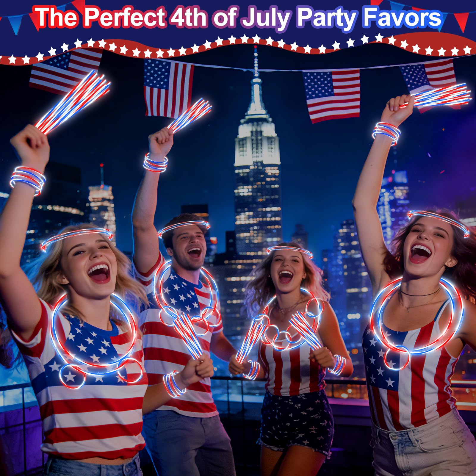 200 PCS 4th of July Glow Sticks Bulk with Connectors,Red White Blue 3 Colors In 1 Glow in The Dark Stick, Light Up Bracelets & Necklaces for Kids & Adults, 250th Anniversary USA Party Favor Supplies - Image 5