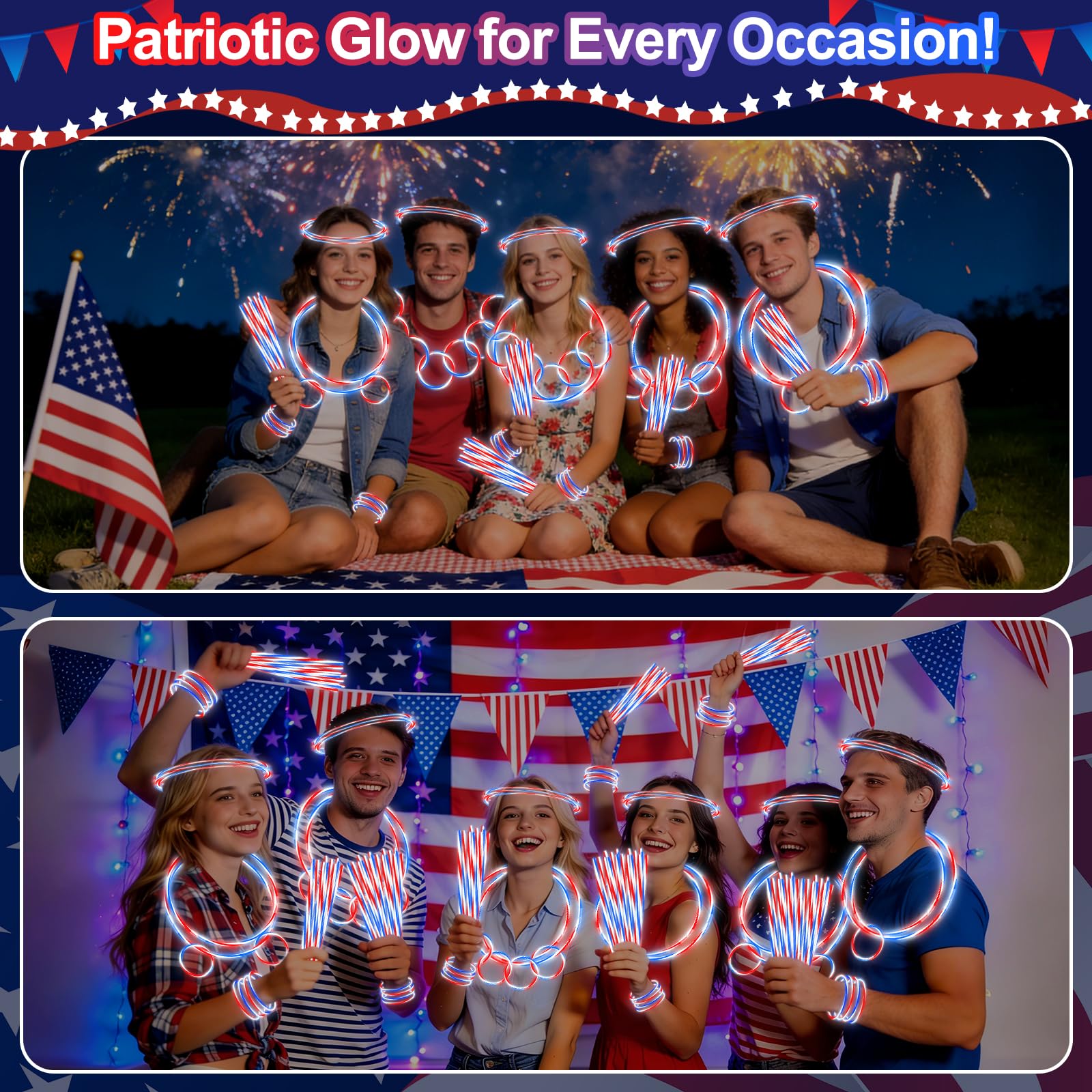 200 PCS 4th of July Glow Sticks Bulk with Connectors,Red White Blue 3 Colors In 1 Glow in The Dark Stick, Light Up Bracelets & Necklaces for Kids & Adults, 250th Anniversary USA Party Favor Supplies - Image 6