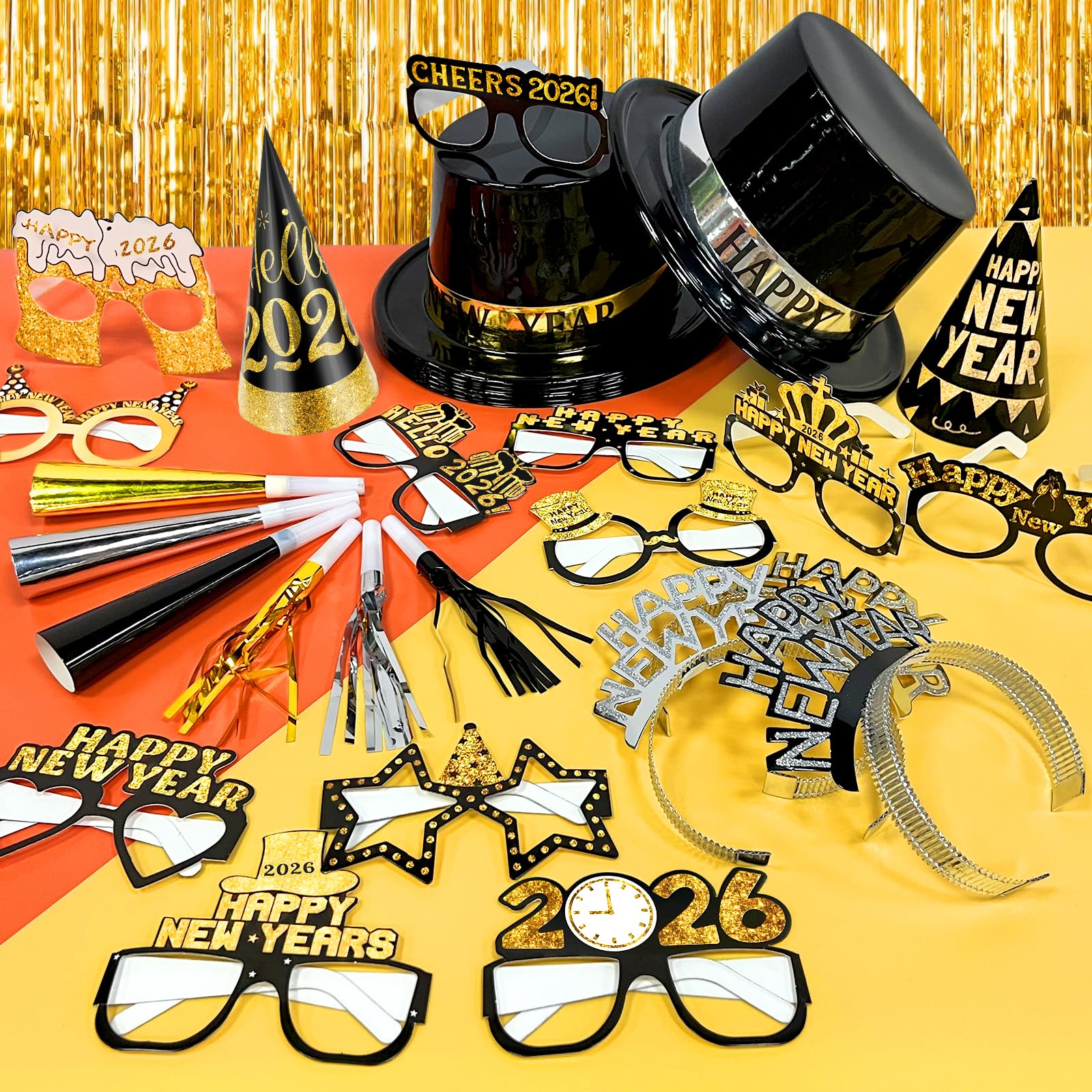 2026 New Years Eve Party Supplies, 36 Pcs Happy New Year Party Supplies Kit Serve 12, Including 6 Top Hats 3 Cone Hats 3 Tiara 12 Glasses 12 Noise Makers Black Gold Silver NYE Decoration Party Favors - Image 3