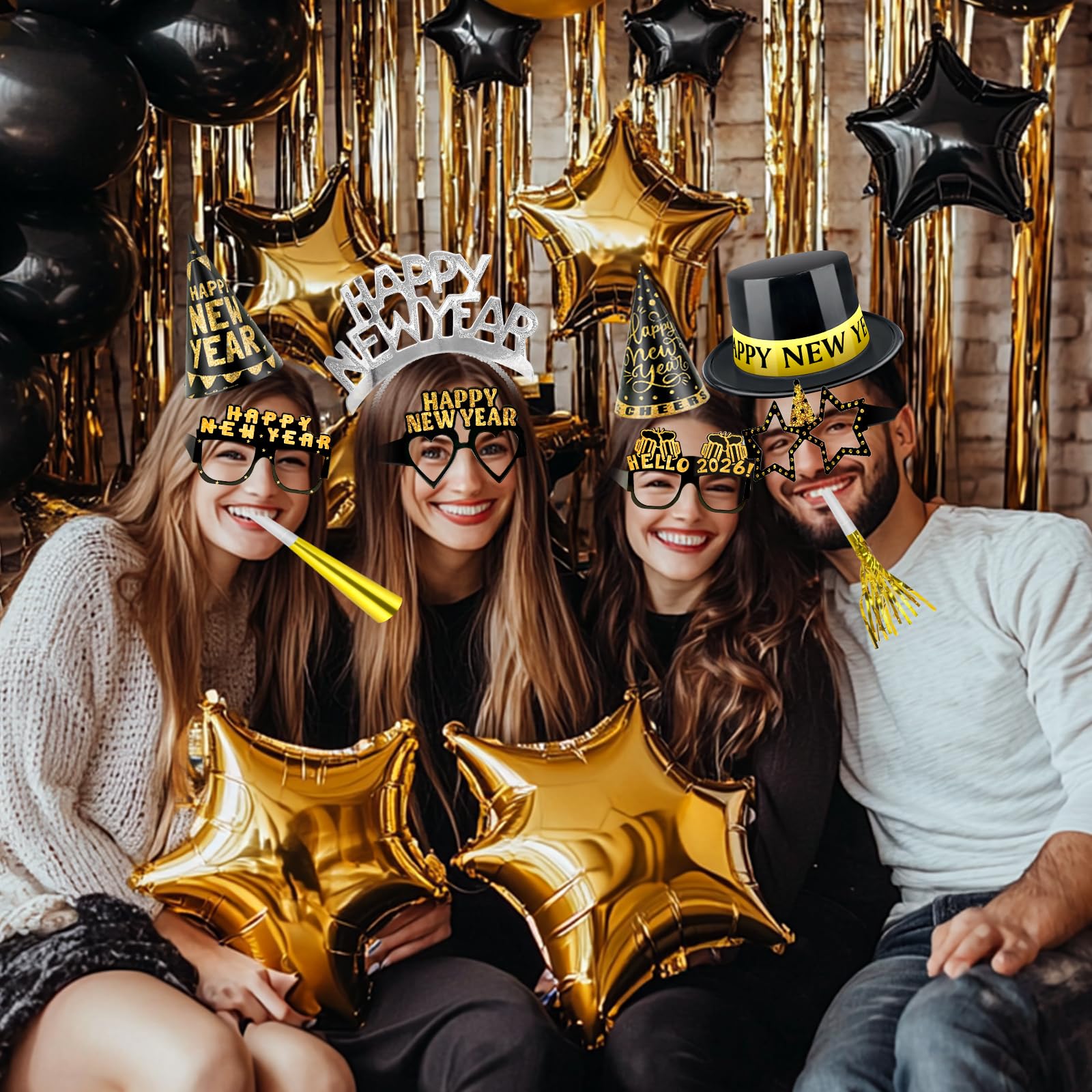 2026 New Years Eve Party Supplies, 36 Pcs Happy New Year Party Supplies Kit Serve 12, Including 6 Top Hats 3 Cone Hats 3 Tiara 12 Glasses 12 Noise Makers Black Gold Silver NYE Decoration Party Favors - Image 4